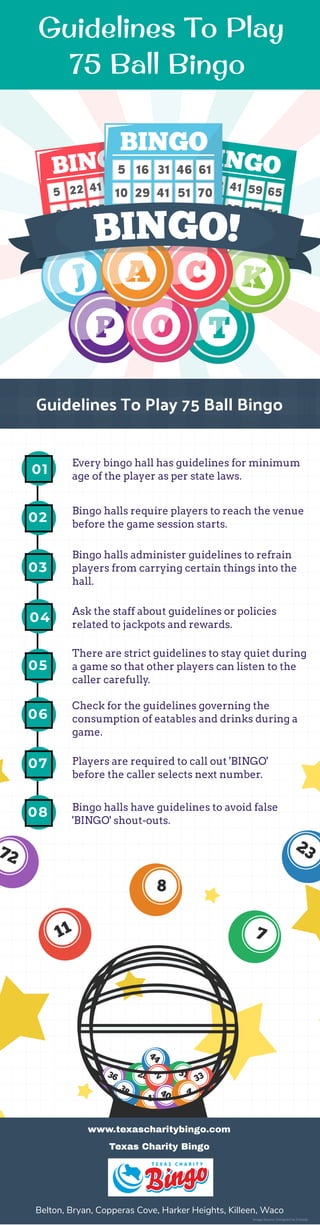 Guidelines To Play
75 Ball Bingo
Guidelines To Play 75 Ball Bingo
Every bingo hall has guidelines for minimum
age of the player as per state laws.
01
04
Bingo halls require players to reach the venue
before the game session starts.
02
03
Bingo halls administer guidelines to refrain
players from carrying certain things into the
hall.
Ask the staff about guidelines or policies
related to jackpots and rewards.
04
There are strict guidelines to stay quiet during
a game so that other players can listen to the
caller carefully.
05
06
Check for the guidelines governing the
consumption of eatables and drinks during a
game.
04
Players are required to call out 'BINGO'
before the caller selects next number.
07
08 Bingo halls have guidelines to avoid false
'BINGO' shout-outs.
Image Source: Designed by Freepik
www.texascharitybingo.com
Texas Charity Bingo
Belton, Bryan, Copperas Cove, Harker Heights, Killeen, Waco
 