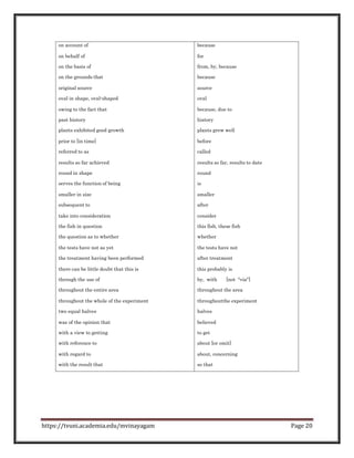 on account of because
on behalf of for
on the basis of from, by, because
on the grounds that because
original source source
oval in shape, oval-shaped oval
owing to the fact that because, due to
past history history
plants exhibited good growth plants grew well
prior to [in time] before
referred to as called
results so far achieved results so far, results to date
round in shape round
serves the function of being is
smaller in size smaller
subsequent to after
take into consideration consider
the fish in question this fish, these fish
the question as to whether whether
the tests have not as yet the tests have not
the treatment having been performed after treatment
there can be little doubt that this is this probably is
through the use of by, with [not "via"]
throughout the entire area throughout the area
throughout the whole of the experiment throughoutthe experiment
two equal halves halves
was of the opinion that believed
with a view to getting to get
with reference to about [or omit]
with regard to about, concerning
with the result that so that
https://tvuni.academia.edu/mvinayagam Page 20
 