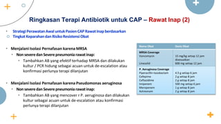 Ringkasan Terapi Antibiotik untuk CAP – Rawat Inap (2)
• StrategiPerawatanAwaluntukPasienCAP RawatInapberdasarkan
TingkatKeparahandanRisiko ResistensiObat
• Menjalani Isolasi Pernafasan karena MRSA
• Non severedanSeverepneumoniarawatinap:
• Tambahkan AB yang efektif terhadap MRSA dan dilakukan
kultur / PCR hidung sebagai acuan untuk de-escalation atau
konfirmasi perlunya terapi dilanjutan
• Menjalani Isolasi Pernafasan karena Pseudomonas aeruginosa
• Non severedanSeverepneumoniarawatinap:
• Tambahkan AB yang mencover r P. aeruginosa dan dilakukan
kultur sebagai acuan untuk de-escalation atau konfirmasi
perlunya terapi dilanjutan
Nama Obat Dosis Obat
MRSA Coverage
Vancomycin
Linezolid
15 mg/kg setiap 12 jam
disesuaikan
600 mg setiap 12 jam
P. Aeruginosa Coverage
Piperacillin-tazobactam
Cefepime
Ceftazidime
Imipenem
Meropenem
Aztreonam
4.5 g setiap 6 jam
2 g setiap 8 jam
2 g setiap 8 jam
500 mg setiap 6 jam
1 g setiap 8 jam
2 g setiap 8 jam
 