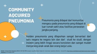 COMMUNITY
AQCUIRED
PNEUMONIA Pneumonia yang didapat dari komunitas
mengacu pada pneumonia yang didapat di
luar rumah sakit atau fasilitas perawatan
jangka panjang.
Insiden pneumonia yang dilaporkan sangat bervariasi dari
satu negara ke negara lain dan dari studi ke studi, dengan
insiden yang lebih tinggi secara konsisten dan sangat mudah
menyerang anak-anak dan orang lanjut usia.
Bartlett. Clinical Infect Diseases 2000;31:347-82 ERS European Lung White Book, Chapter 18 - Acute lower respiratory infections. Accessed thru http://www.erswhitebook.org/chapters/acute-lower-respiratory-
infections/ on 26 August 2016.
 
