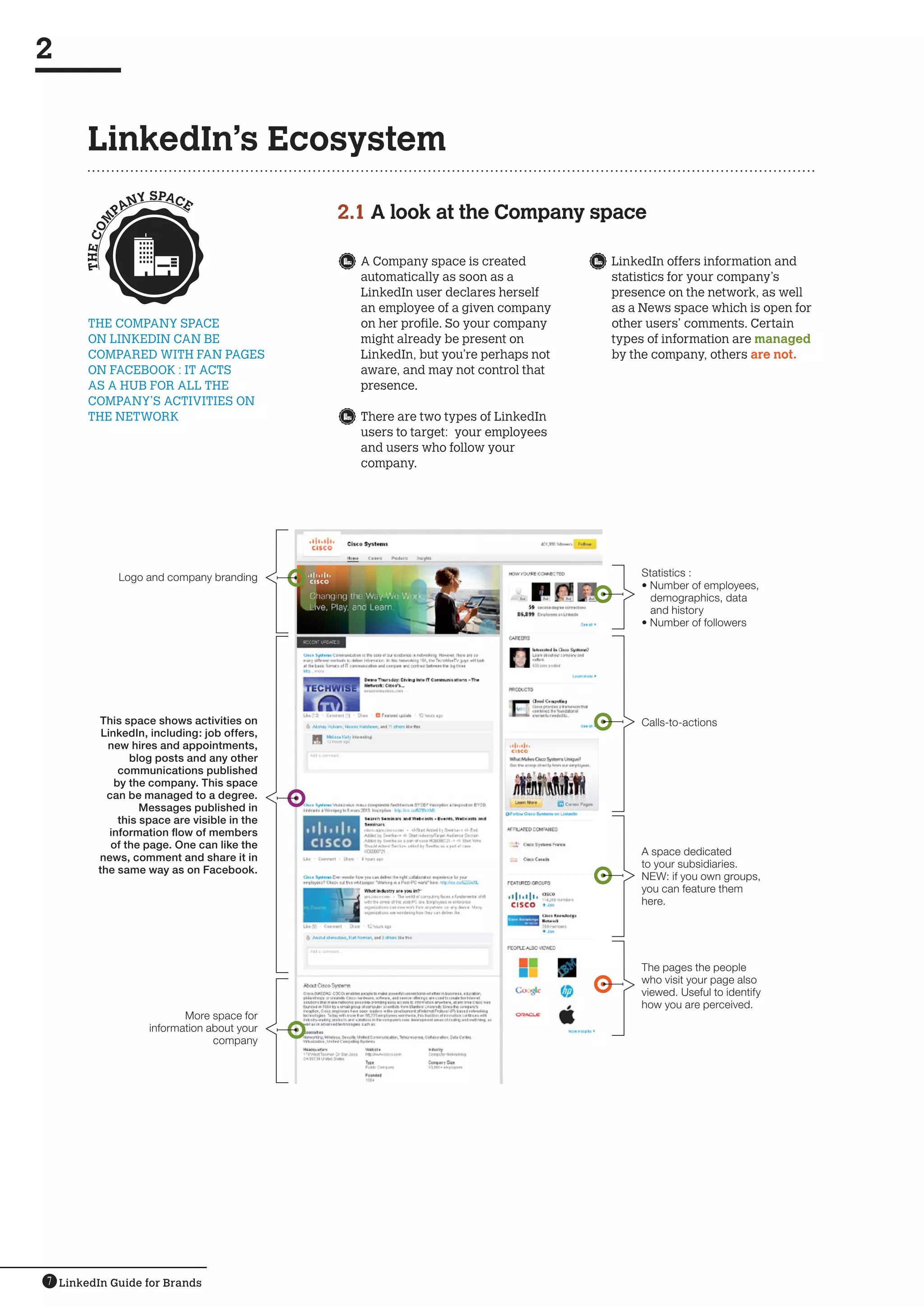 LinkedIn Guide for Brands7
LinkedIn’s Ecosystem
2
	A Company space is created
automatically as soon as a
LinkedIn user declares herself
an employee of a given company
on her profile. So your company
might already be present on
LinkedIn, but you’re perhaps not
aware, and may not control that
presence.
	There are two types of LinkedIn
users to target: your employees
and users who follow your
company.
The Company space 
on LinkedIn can be 
compared with fan pages 
on Facebook : it acts 
as a hub for all the 
company’s activities on
the network
2.1 A look at the Company space
	 LinkedIn offers information and
statistics for your company’s
presence on the network, as well
as a News space which is open for
other users’ comments. Certain
types of information are managed
by the company, others are not.
Statistics :
• Number of employees,
demographics, data
and history
• Number of followers
Calls-to-actions
A space dedicated
to your subsidiaries.
NEW: if you own groups,
you can feature them
here.
Logo and company branding
More space for
information about your
company
This space shows activities on
LinkedIn, including: job offers,
new hires and appointments,
blog posts and any other
communications published
by the company. This space
can be managed to a degree.
Messages published in
this space are visible in the
information flow of members
of the page. One can like the
news, comment and share it in
the same way as on Facebook.
THECOM
PANY SPACE
The pages the people
who visit your page also
viewed. Useful to identify
how you are perceived.
 