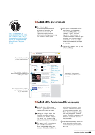 LinkedIn Guide for Brands 8
	The Careers space
showcases your recruitment
activities on LinkedIn: new
job announcements, HR
communications and other
information about your company
can add value to the space.
	LinkedIn offers all Company
spaces a special tab to promote
their products and services.
	Like in the Careers space, you
have full control over the the
content under this tab and you
can target your content in line
with your visitors’ demographics.
	The space is fully customizable:
you can add banners and a
video to showcase products or
services. Rather than adding an
The Careers page is 
usually integrated into
the Company SPACE. You 
can have access to your 
Company SPACE without 
viewing the Careers 
SPACE.
2.2 A look at the Careers space
2.3 A look at the Products and Services space
	This space is completely under
your control. It’s possible to
personalize it by adding your
company’s colors and your
objectives. The space can be
further modified to match the type
of visitor, so a communications
professional would not see the
same home page as an engineer
for example.
	The Careers space is paid for and
is not mandatory
advertisement, consider more
personal and original content
including expert points of view.
Think about managing what you
post here, keeping in mind the
content should be consistent with
the story you want to tell about
your business.
	The only social aspect of this tab
is that LinkedIn members can
recommend your products and
services.
CAREE
RS SPACE
Job offers at your company -
personalised for different types
of visitors
Personalized banners for
different types of visitors
A personalized introduction
with our without video depending
on the type of visitor
The company pages’s updates
 descriptions also take place
on the career page
 
