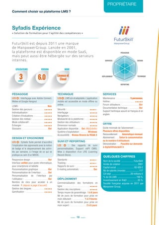 Comment choisir sa plateforme LMS ?
PROPRIÉTAIRE
19
PÉDAGOGIE
DESIGN
REPORTING
SERVICES
TECHNIQUEDÉPLOIEMENT
3 6.0 Licence et
Cloudmillions
FuturSkill est depuis 2011 une marque
de ManpowerGroup. Lancée en 2001,
la plateforme est disponible en mode SaaS,
mais peut aussi être hébergée sur des serveurs
internes.
PÉDAGOGIE
LES  : Interfaçage avec Adobe Connect,
Webex et Google Hangout.
LCMS : ...............................................Non
Gestion des parcours : ..................
Individualisation : ..........................
Création d’évaluations : ................
Gestion des médias : .....................
Mode collaboratif : ........................
Échanges : ....................................
Glossaire : ...........................................Oui
DESIGN ET ERGONOMIE
LES  : Syfadis Suite permet d’accroître
l’implication des apprenants avec la notion
de badge et le séquencement des activi-
tés par semaine, à l’image de ce qui se
pratique au sein d’un MOOC.
Responsive design : ............................Oui
Interface unifiée pour poste informatique,
pour smartphone et tablette
Personnalisation graphique : ...............Oui
Personnalisation de l’interface : ..........Oui
Personnalisation de l’interface par
l’utilisateur : ........................................Oui
Nombre de clics pour accéder à un
module : 1 (depuis la page d’accueil)
Gestion des langues : ...................
Gamification : ................................
TECHNIQUE
LES  :LMSsûretadaptable.L’application
mobile est accessible en mode offline ou
online.
Sécurité : .......................................
Interfaçage : ..................................
Navigateurs : .................................
Modularité de la plateforme : ........
Gestion des utilisateurs : ...............
Dimension nomade : .....................
Application disponible : ...Oui (MySyfadis)
Système d’exploitation : ............ Windows
Accessibilité : ..Niveau Bronze du RGAA 3
SUIVI ET REPORTING
LES   : Des rapports de suivi
personnalisables. Support xAPI CMI5.
Mise à disposition d’un LRS (Learning
Record Store).
Standards : ....................................
Tracking : ......................................
Rapports de suivi : ........................
E-mailing automatisés : .......................Oui
DÉPLOIEMENT
Commercialisation des formations en
ligne : ............................................
Gestion des inscriptions : ..............
Temps moyen de paramétrage : 1 à 8 jours
Nb de jours de formation pour prise en
main débutant : .................... 1 à 3 heures
Nb de jours de formation pour prise en
main expert : ...........................2 à 6 jours
SERVICES
Maintenance : ....................... 5 personnes
Hotline : ........................................
Forum utilisateurs : .............................Oui
Documentation technique : .................Oui
Support technique assuré en français et en
anglais
OFFRE
Durée minimale de l’abonnement : .............
Plusieurs offres disponibles
Renouvellement : .... Automatique mensuel
Abonnement : ......Selon la consommation
ou le nombre d’utilisateurs
Démonstration : .....Possible sur demande
à digital@futurskill.fr
QUELQUES CHIFFRES
Nom de la société ..................... FuturSkill
Année de création ............................ 2001
Capital social .............................. 65 426 €
Nb de salariés (monde) ...................... 117
CA total ................................20 millions €
% du CA LMS ................................100 %
Investissement en R&D .................35 %
Société française acquise en 2011 par
Manpower Group.
Syfadis Expérience
« Solution de formation pour l’agilité des compétences »
UTILISATEURS MODEVERSION
 
