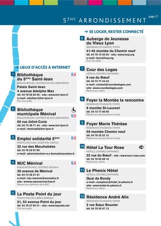 page 21
                                          5 ÈME A R R O N D I S S E M E N T
                                                          SE LOGER, RESTER CONNECTÉ
                                                   6    Auberge de Jeunesse
                                                        du Vieux Lyon
                                                        RÉSIDENCE ÉTUDIANTE, FOYER
                                                        41-45 montée du Chemin neuf
                                                        tél. 04 78 15 05 50 - site : www.fuaj.org
                                                        e-mail : lyon@fuaj.org
                                                        Pour tout public


      LIEUX D’ACCÈS À INTERNET                     7    Cour des Loges
1   Bibliothèque                                        HÔTELS, CENTRES D’AFFAIRES
                                                        6 rue du Bœuf
    du 5ème Saint-Jean                                  tél. 04 72 77 44 44
    BIBLIOTHÈQUES, CENTRES DE DOCUMENTATION
                                                        e-mail : contact@courdesloges.com
    Palais Saint-Jean                                   site : www.courdesloges.com
    4 avenue Adolphe Max                                Réservé aux clients
    tél. 04 78 92 83 50 - site : www.bm-lyon.fr
    e-mail : adul5arr@bm-lyon.fr                   8
    Pour tout public                                    Foyer la Montée la rencontre
                                                        RÉSIDENCE ÉTUDIANTE, FOYER

2                                                       9 montée St-Laurent
    Bibliothèque                                        tél. 04 72 77 86 90
    municipale Ménival                                  Réservé aux pensionnaires du foyer
    BIBLIOTHÈQUES, CENTRES DE DOCUMENTATION
    60 rue Joliot-Curie                            9
    tél. 04 72 38 71 44 - site : www.bm-lyon.fr         Foyer Marie Thérèse
    e-mail : menival5@bm-lyon.fr                        RÉSIDENCE ÉTUDIANTE, FOYER
                                                        59 montée Chemin neuf
                                                        tél. 04 78 25 52 12
3
    Emploi solidarité 5ème                              Réservé aux pensionnaires du foyer

    POINTS D’ACCUEIL INSERTION, EMPLOI
    32 rue des Macchabées                          10
                                                        Hôtel La Tour Rose
    tél. 04 78 25 67 90                                 HÔTELS, CENTRES D’AFFAIRES
    e-mail : administration-e.s-5eme@wanadoo.fr
                                                        22 rue du Bœuf - site : www.tour-rose.com
                                                        tél. 04 78 92 69 10
4                                                       Réservé aux clients
    MJC Ménival
    ASSOCIATION, MJC, CENTRES SOCIAUX
    29 avenue de Ménival                           11   Le Phenix Hôtel
    tél. 04 72 38 81 61                                 HÔTELS, CENTRES D’AFFAIRES
    e-mail : mjc-menival@wanadoo.fr                     Quai de Bondy
    site : wwww.mjcmenival.free.fr                      e-mail : reception@hotel_le-phenix.fr
    Réservé aux adhérents de la MJC
                                                        site : www.hotel-le-phenix.fr
                                                        Réservé aux clients

5
    La Poste Point du jour                         12
    POINTS D’ACCÈS LIBRES, BORNES                       Résidence André Alix
                                                        RÉSIDENCE ÉTUDIANTE, FOYER
    51, 53 avenue Point du jour
    tél. 04 78 37 60 21 - site : www.laposte.net        2 rue Sœur Bouvier
    Pour tout public                                    tél. 04 78 25 47 13
 