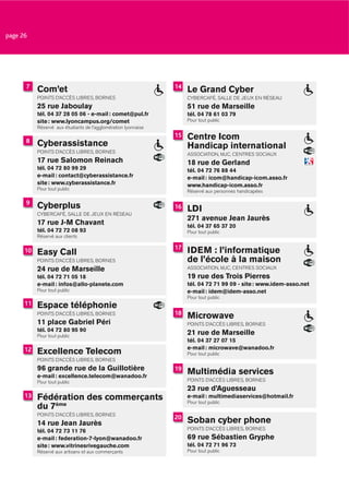 page 26




      7                                                         14
           Com’et                                                    Le Grand Cyber
           POINTS D’ACCÈS LIBRES, BORNES                             CYBERCAFÉ, SALLE DE JEUX EN RÉSEAU
           25 rue Jaboulay                                           51 rue de Marseille
           tél. 04 37 28 05 06 - e-mail : comet@pul.fr               tél. 04 78 61 03 79
           site : www.lyoncampus.org/comet                           Pour tout public
           Réservé aux étudiants de l’agglomération lyonnaise

      8
                                                                15   Centre Icom
           Cyberassistance                                           Handicap international
           POINTS D’ACCÈS LIBRES, BORNES                             ASSOCIATION, MJC, CENTRES SOCIAUX
           17 rue Salomon Reinach                                    18 rue de Gerland
           tél. 04 72 80 99 29                                       tél. 04 72 76 88 44
           e-mail : contact@cyberassistance.fr                       e-mail : icom@handicap-icom.asso.fr
           site : www.cyberassistance.fr                             www.handicap-icom.asso.fr
           Pour tout public                                          Réservé aux personnes handicapées

      9
           Cyberplus                                            16   LDI
           CYBERCAFÉ, SALLE DE JEUX EN RÉSEAU
                                                                     271 avenue Jean Jaurès
           17 rue J-M Chavant                                        tél. 04 37 65 37 20
           tél. 04 72 72 08 93                                       Pour tout public
           Réservé aux clients

                                                                17
      10   Easy Call                                                 IDEM : l’informatique
           POINTS D’ACCÈS LIBRES, BORNES                             de l’école à la maison
           24 rue de Marseille                                       ASSOCIATION, MJC, CENTRES SOCIAUX
           tél. 04 72 71 05 18                                       19 rue des Trois Pierres
           e-mail : infos@allo-planete.com                           tél. 04 72 71 99 09 - site : www.idem-asso.net
           Pour tout public                                          e-mail : idem@idem-asso.net
                                                                     Pour tout public
      11   Espace téléphonie
                                                                18
           POINTS D’ACCÈS LIBRES, BORNES
                                                                     Microwave
           11 place Gabriel Péri                                     POINTS D’ACCÈS LIBRES, BORNES
           tél. 04 72 80 95 90
           Pour tout public
                                                                     21 rue de Marseille
                                                                     tél. 04 37 27 07 15
                                                                     e-mail : microwave@wanadoo.fr
      12   Excellence Telecom                                        Pour tout public
           POINTS D’ACCÈS LIBRES, BORNES
           96 grande rue de la Guillotière                      19
           e-mail : excellence.telecom@wanadoo.fr
                                                                     Multimédia services
           Pour tout public                                          POINTS D’ACCÈS LIBRES, BORNES
                                                                     23 rue d’Aguesseau
      13   Fédération des commerçants                                e-mail : multimediaservices@hotmail.fr
                                                                     Pour tout public
           du 7ème
           POINTS D’ACCÈS LIBRES, BORNES
                                                                20
           14 rue Jean Jaurès                                        Soban cyber phone
                                                                     POINTS D’ACCÈS LIBRES, BORNES
           tél. 04 72 73 11 76
           e-mail : federation-7-lyon@wanadoo.fr                     69 rue Sébastien Gryphe
           site : www.vitrinesrivegauche.com                         tél. 04 72 71 96 73
           Réservé aux artisans et aux commerçants                   Pour tout public
 