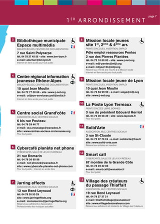 page 7
                                                 1 ER A R R O N D I S S E M E N T

3   Bibliothèque municipale                           8    Mission locale jeunes
    Espace multimédia                                      site 1er, 2ème & 4ème arr.
    BIBLIOTHÈQUES, CENTRES DE DOCUMENTATION                POINTS D’ACCUEIL INSERTION, EMPLOI

    7 rue Saint Polycarpe                                  Pôle emploi ressources Pentes
    tél. 04 78 27 45 55 - site : www.bm-lyon.fr            2 rue des Pierres Plantées
    e-mail : adul1arr@bm-lyon.fr                           tél. 04 72 10 60 00 - site : www.j-net.org
    Internet en libre accès pour tout public               e-mail : mljl-pentes@mljl.org
                                                           e-mail : mllyon124@mljl.org
                                                           Réservé aux 16-25 ans inscrits à la Mission locale
                                                           Internet en libre accès pour tout public
4   Centre régional information
                                                      9
    jeunesse Rhône-Alpes                                   Mission locale jeune de Lyon
    BIBLIOTHÈQUES, CENTRES DE DOCUMENTATION                POINTS D’ACCUEIL INSERTION, EMPLOI
    10 quai Jean Moulin                                    10 quai Jean Moulin
    tél. 04 72 77 00 66 - site : www.j-net.org             tél. 04 72 56 99 99 - e-mail : siege@mljl.org
    e-mail : crijlyon-serviceaccueil@voila.fr              site : www.j-net.org
    Internet en libre accès pour tout public
                                                      10
                                                           La Poste Lyon Terreaux
                                                           POINTS D’ACCÈS LIBRE, BORNES
5   Centre social Grand’côte                               3 rue du président Edouard Herriot
    ASSOCIATION, MJC, CENTRES SOCIAUX                      tél. 04 72 00 58 39 - site : www.laposte.fr
                                                           Pour tout public
    6 bis rue Pouteau
    tél. 04 78 28 46 77
                                                      11
    e-mail : csx.xroussegc@wanadoo.fr                      Solid’Arte
    site : www.centres-sociaux-croixrousse.org             ASSOCIATION, MJC, CENTRES SOCIAUX
    Pour tout public
                                                           3 rue St-Claude
                                                           tél. 04 72 07 70 24 - e-mail : solidarte@free.fr
                                                           site : www.solid-arte.com
                                                           Réservé aux artistes en insertion
6   Cybercafé planète net phone
    CYBERCAFÉS, SALLE DE JEUX EN RÉSEAU               12
    21 rue Romarin                                         Smart call
    tél. 04 78 30 65 88                                    CYBERCAFÉS, SALLE DE JEUX EN RÉSEAU
    e-mail : net-phone2@wanadoo.fr                         67 montée de la Grande Côte
    site : www.cybercafe-planete-net-phone.com             tél. 04 78 39 22 86
    Pour tout public - Internet en accès libre             e-mail : smart.call@wanadoo.fr
                                                           Pour tout public


                                                      13
7   Jarring effects                                        Village des créateurs
    ASSOCIATION, MJC, CENTRES SOCIAUX
                                                           du passage Thiaffait
                                                           ASSOCIATION, MJC, CENTRES SOCIAUX
    13 rue René Leynaud
    tél. 04 78 30 50 29                                    19 rue René Leynaud
    site : www.jarringeffects.org                          tél. 04 78 27 37 21
    e-mail : monsieurmo@jarringeffects.org                 e-mail : thiaffaitvillage@wanadoo.fr
    Réservé aux adhérents à l’association                  site : www.villagedescreateurs.com
    Professionnels des musiques actuelles                  Réservé aux adhérents et résidents du Village des Créateurs
 