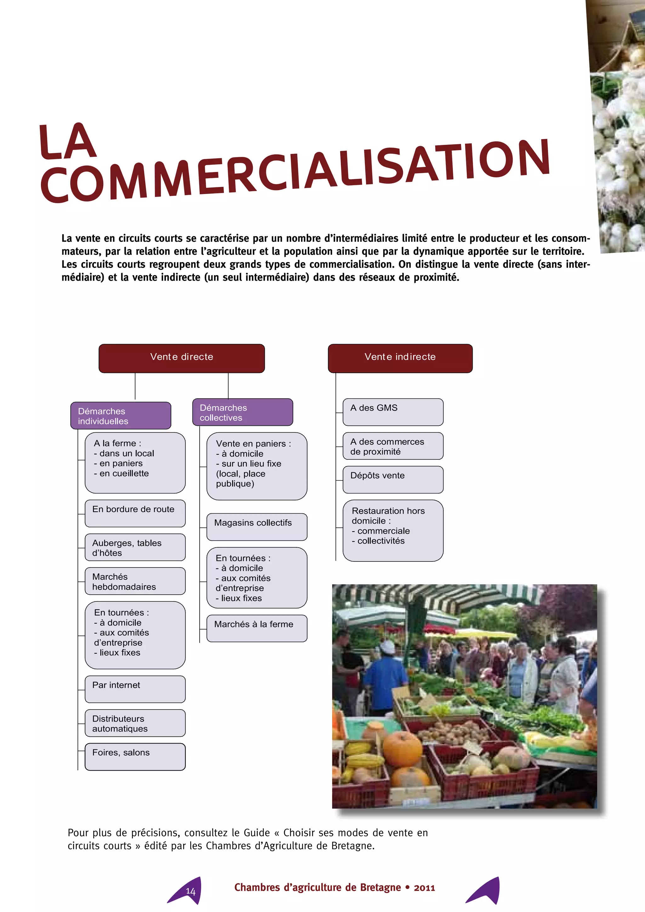 Chambres d’agriculture de Bretagne • 201114
la
COMMERCIALISATION
Vente indirecte
Démarches
individuelles
Distributeurs
automatiques
A la ferme :
- dans un local
- en paniers
- en cueillette
En bordure de route
En tournées :
- à domicile
- aux comités
d’entreprise
- lieux fixes
En tournés
Vente en paniers :
- à domicile
- sur un lieu fixe
(local, place
publique)
Démarches
collectives
A des commerces
de proximité
A des GMS
Dépôts vente
Auberges, tables
d’hôtes
En tournées :
- à domicile
- aux comités
d’entreprise
- lieux fixes
Marchés
hebdomadaires
locaux
Restauration hors
domicile :
- commerciale
- collectivités
Marchés à la ferme
Par internet
Magasins collectifs
Vente directe
Foires, salons
Pour plus de précisions, consultez le Guide « Choisir ses modes de vente en
circuits courts » édité par les Chambres d’Agriculture de Bretagne.
La vente en circuits courts se caractérise par un nombre d’intermédiaires limité entre le producteur et les consom-
mateurs, par la relation entre l’agriculteur et la population ainsi que par la dynamique apportée sur le territoire.
Les circuits courts regroupent deux grands types de commercialisation. On distingue la vente directe (sans inter-
médiaire) et la vente indirecte (un seul intermédiaire) dans des réseaux de proximité.
 