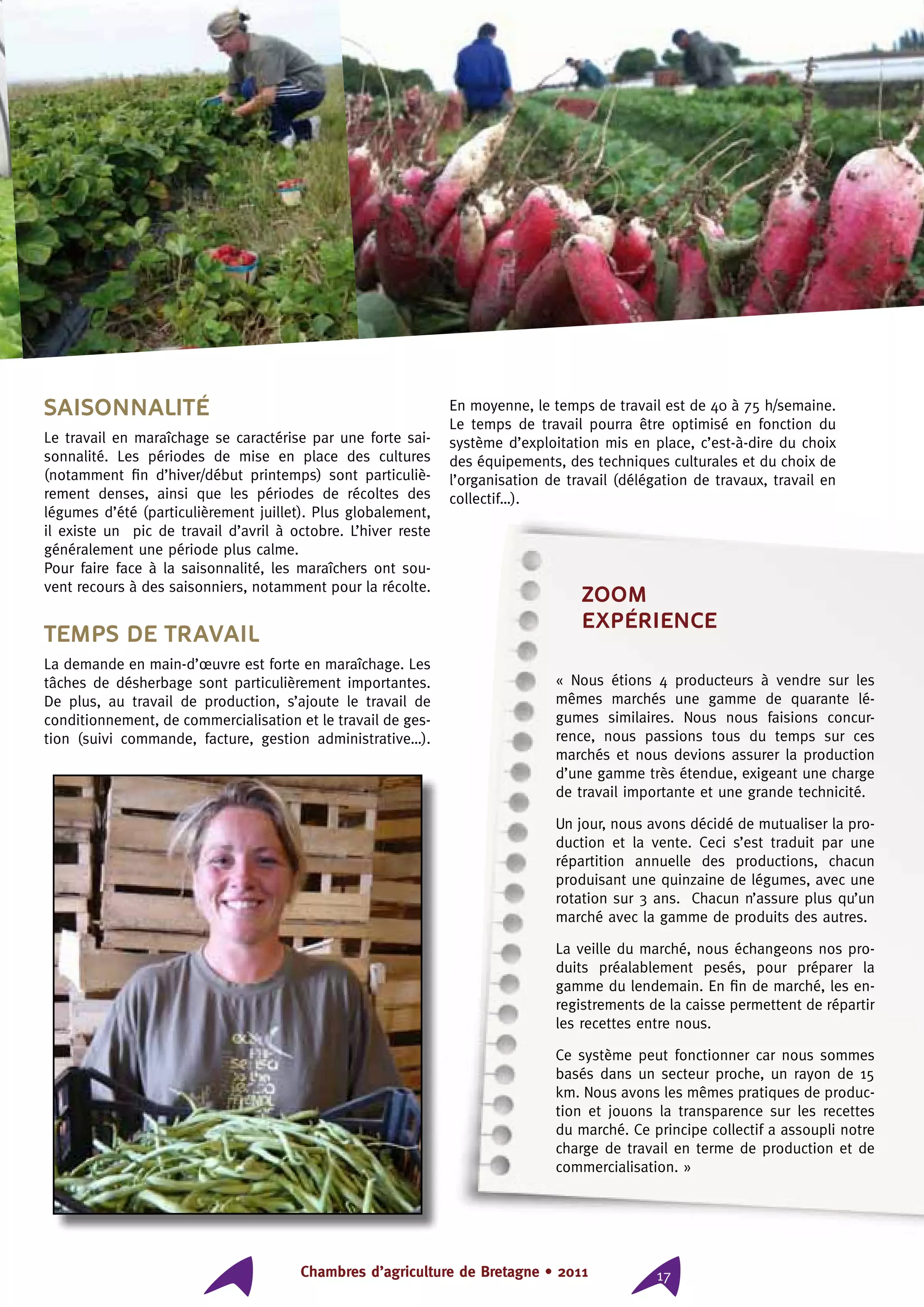 Chambres d’agriculture de Bretagne • 2011 17
Saisonnalité
Le travail en maraîchage se caractérise par une forte sai-
sonnalité. Les périodes de mise en place des cultures
(notamment fin d’hiver/début printemps) sont particuliè-
rement denses, ainsi que les périodes de récoltes des
légumes d’été (particulièrement juillet). Plus globalement,
il existe un pic de travail d’avril à octobre. L’hiver reste
généralement une période plus calme.
Pour faire face à la saisonnalité, les maraîchers ont sou-
vent recours à des saisonniers, notamment pour la récolte.
Temps de travail
La demande en main-d’œuvre est forte en maraîchage. Les
tâches de désherbage sont particulièrement importantes.
De plus, au travail de production, s’ajoute le travail de
conditionnement, de commercialisation et le travail de ges-
tion (suivi commande, facture, gestion administrative…).
En moyenne, le temps de travail est de 40 à 75 h/semaine.
Le temps de travail pourra être optimisé en fonction du
système d’exploitation mis en place, c’est-à-dire du choix
des équipements, des techniques culturales et du choix de
l’organisation de travail (délégation de travaux, travail en
collectif…).
ZOOM
expérience
« Nous étions 4 producteurs à vendre sur les
mêmes marchés une gamme de quarante lé-
gumes similaires. Nous nous faisions concur-
rence, nous passions tous du temps sur ces
marchés et nous devions assurer la production
d’une gamme très étendue, exigeant une charge
de travail importante et une grande technicité.
Un jour, nous avons décidé de mutualiser la pro-
duction et la vente. Ceci s’est traduit par une
répartition annuelle des productions, chacun
produisant une quinzaine de légumes, avec une
rotation sur 3 ans. Chacun n’assure plus qu’un
marché avec la gamme de produits des autres.
La veille du marché, nous échangeons nos pro-
duits préalablement pesés, pour préparer la
gamme du lendemain. En fin de marché, les en-
registrements de la caisse permettent de répartir
les recettes entre nous.
Ce système peut fonctionner car nous sommes
basés dans un secteur proche, un rayon de 15
km. Nous avons les mêmes pratiques de produc-
tion et jouons la transparence sur les recettes
du marché. Ce principe collectif a assoupli notre
charge de travail en terme de production et de
commercialisation. »
 