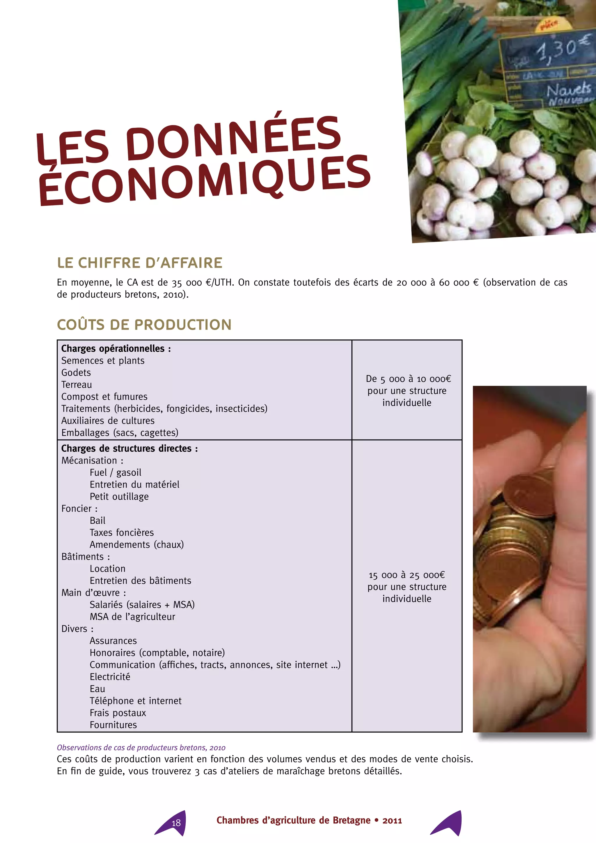 Chambres d’agriculture de Bretagne • 201118
Le chiffre d’affaire
En moyenne, le CA est de 35 000 €/UTH. On constate toutefois des écarts de 20 000 à 60 000 € (observation de cas
de producteurs bretons, 2010).
Coûts de production
Charges opérationnelles :
Semences et plants
Godets
Terreau
Compost et fumures
Traitements (herbicides, fongicides, insecticides)
Auxiliaires de cultures
Emballages (sacs, cagettes)
De 5 000 à 10 000€
pour une structure
individuelle
Charges de structures directes :
Mécanisation :
Fuel / gasoil
Entretien du matériel
Petit outillage
Foncier :
Bail
Taxes foncières
Amendements (chaux)
Bâtiments :
Location
Entretien des bâtiments
Main d’œuvre :
Salariés (salaires + MSA)
MSA de l’agriculteur
Divers :
Assurances
Honoraires (comptable, notaire)
Communication (affiches, tracts, annonces, site internet …)
Electricité
Eau
Téléphone et internet
Frais postaux
Fournitures
15 000 à 25 000€
pour une structure
individuelle
Observations de cas de producteurs bretons, 2010
Ces coûts de production varient en fonction des volumes vendus et des modes de vente choisis.
En fin de guide, vous trouverez 3 cas d’ateliers de maraîchage bretons détaillés.
les Données
économiques
 