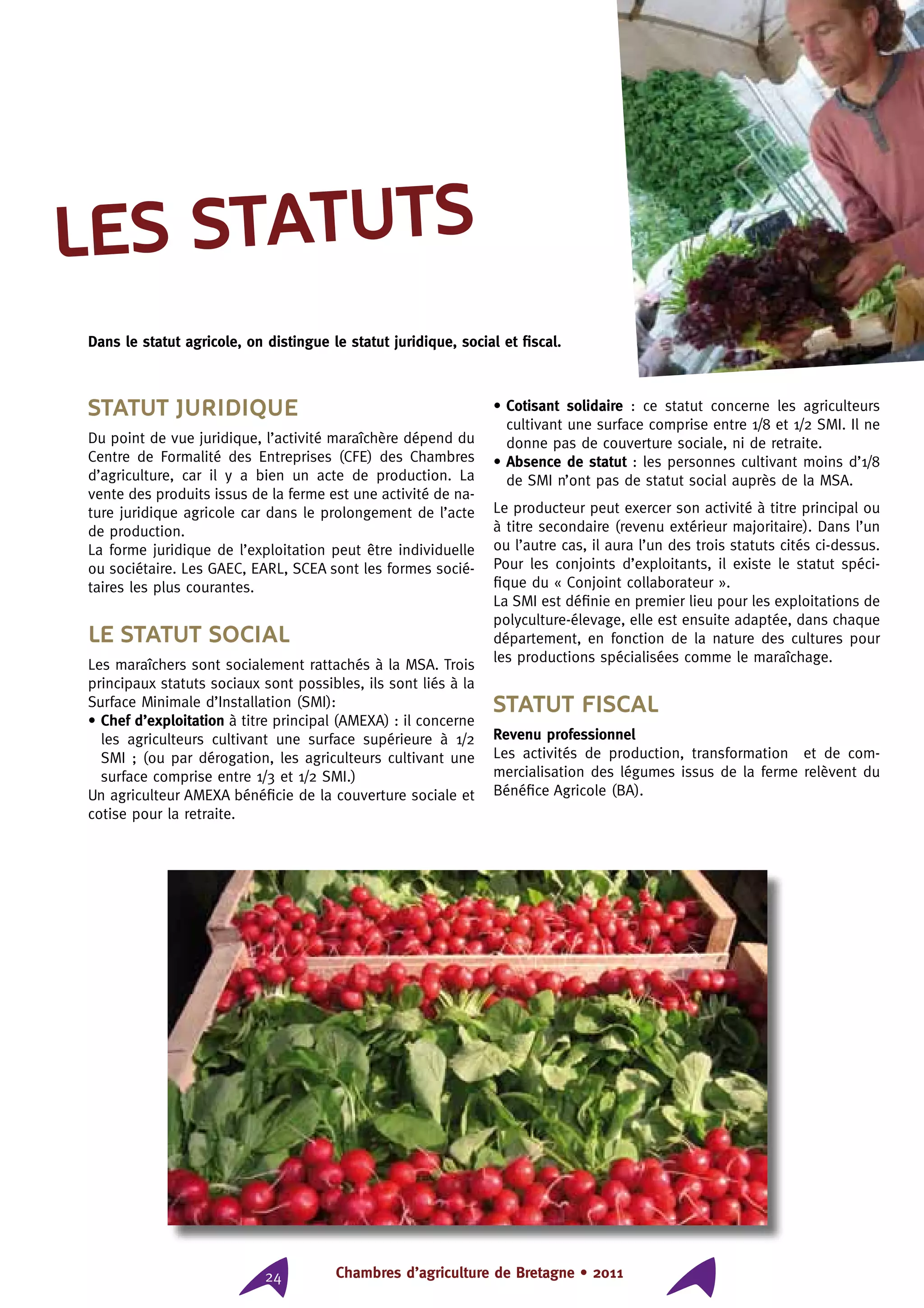 Chambres d’agriculture de Bretagne • 201124
Statut juridique
Du point de vue juridique, l’activité maraîchère dépend du
Centre de Formalité des Entreprises (CFE) des Chambres
d’agriculture, car il y a bien un acte de production. La
vente des produits issus de la ferme est une activité de na-
ture juridique agricole car dans le prolongement de l’acte
de production.
La forme juridique de l’exploitation peut être individuelle
ou sociétaire. Les GAEC, EARL, SCEA sont les formes socié-
taires les plus courantes.
Le statut social
Les maraîchers sont socialement rattachés à la MSA. Trois
principaux statuts sociaux sont possibles, ils sont liés à la
Surface Minimale d’Installation (SMI):
• Chef d’exploitation à titre principal (AMEXA) : il concerne
les agriculteurs cultivant une surface supérieure à 1/2
SMI ; (ou par dérogation, les agriculteurs cultivant une
surface comprise entre 1/3 et 1/2 SMI.)
Un agriculteur AMEXA bénéficie de la couverture sociale et
cotise pour la retraite.
• Cotisant solidaire : ce statut concerne les agriculteurs
cultivant une surface comprise entre 1/8 et 1/2 SMI. Il ne
donne pas de couverture sociale, ni de retraite.
• Absence de statut : les personnes cultivant moins d’1/8
de SMI n’ont pas de statut social auprès de la MSA.
Le producteur peut exercer son activité à titre principal ou
à titre secondaire (revenu extérieur majoritaire). Dans l’un
ou l’autre cas, il aura l’un des trois statuts cités ci-dessus.
Pour les conjoints d’exploitants, il existe le statut spéci-
fique du « Conjoint collaborateur ».
La SMI est définie en premier lieu pour les exploitations de
polyculture-élevage, elle est ensuite adaptée, dans chaque
département, en fonction de la nature des cultures pour
les productions spécialisées comme le maraîchage.
Statut fiscal
Revenu professionnel
Les activités de production, transformation et de com-
mercialisation des légumes issus de la ferme relèvent du
Bénéfice Agricole (BA).
les statuts
Dans le statut agricole, on distingue le statut juridique, social et fiscal.
 