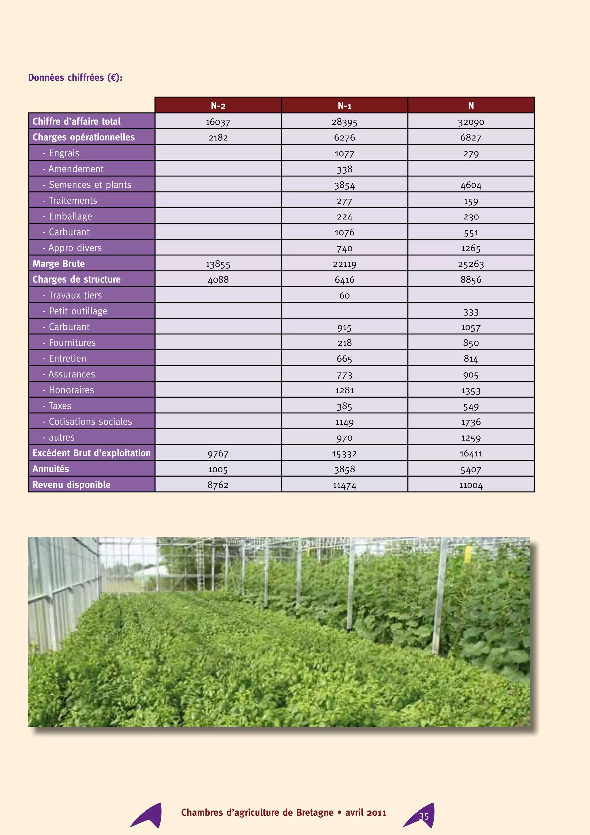 Chambres d’agriculture de Bretagne • avril 2011 35
Données chiffrées (€):
	
N-2 N-1 N
Chiffre d’affaire total 16037 28395 32090
Charges opérationnelles 2182 6276 6827
- Engrais 1077 279
- Amendement 338
- Semences et plants 3854 4604
- Traitements 277 159
- Emballage 224 230
- Carburant 1076 551
- Appro divers 740 1265
Marge Brute 13855 22119 25263
Charges de structure 4088 6416 8856
- Travaux tiers 60
- Petit outillage 333
- Carburant 915 1057
- Fournitures 218 850
- Entretien 665 814
- Assurances 773 905
- Honoraires 1281 1353
- Taxes 385 549
- Cotisations sociales 1149 1736
- autres 970 1259
Excédent Brut d’exploitation 9767 15332 16411
Annuités 1005 3858 5407
Revenu disponible 8762 11474 11004
 