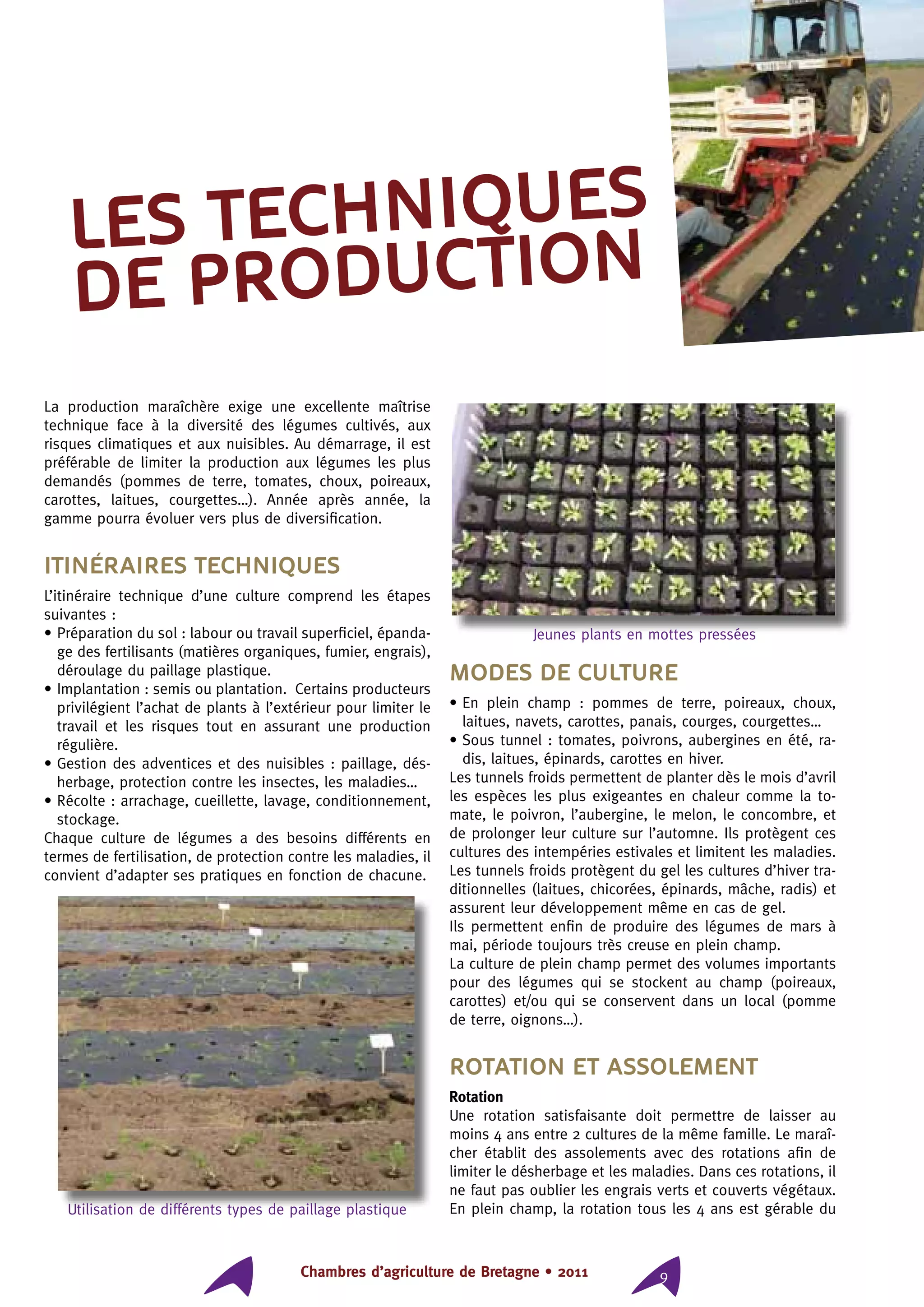 Chambres d’agriculture de Bretagne • 2011 9
La production maraîchère exige une excellente maîtrise
technique face à la diversité des légumes cultivés, aux
risques climatiques et aux nuisibles. Au démarrage, il est
préférable de limiter la production aux légumes les plus
demandés (pommes de terre, tomates, choux, poireaux,
carottes, laitues, courgettes…). Année après année, la
gamme pourra évoluer vers plus de diversification.
Itinéraires techniques
L’itinéraire technique d’une culture comprend les étapes
suivantes :
• Préparation du sol : labour ou travail superficiel, épanda-
ge des fertilisants (matières organiques, fumier, engrais),
déroulage du paillage plastique.
• Implantation : semis ou plantation. Certains producteurs
privilégient l’achat de plants à l’extérieur pour limiter le
travail et les risques tout en assurant une production
régulière.
• Gestion des adventices et des nuisibles : paillage, dés-
herbage, protection contre les insectes, les maladies…
• Récolte : arrachage, cueillette, lavage, conditionnement,
stockage.
Chaque culture de légumes a des besoins différents en
termes de fertilisation, de protection contre les maladies, il
convient d’adapter ses pratiques en fonction de chacune.
Modes de culture
• En plein champ : pommes de terre, poireaux, choux,
laitues, navets, carottes, panais, courges, courgettes…
• Sous tunnel : tomates, poivrons, aubergines en été, ra-
dis, laitues, épinards, carottes en hiver.
Les tunnels froids permettent de planter dès le mois d’avril
les espèces les plus exigeantes en chaleur comme la to-
mate, le poivron, l’aubergine, le melon, le concombre, et
de prolonger leur culture sur l’automne. Ils protègent ces
cultures des intempéries estivales et limitent les maladies.
Les tunnels froids protègent du gel les cultures d’hiver tra-
ditionnelles (laitues, chicorées, épinards, mâche, radis) et
assurent leur développement même en cas de gel.
Ils permettent enfin de produire des légumes de mars à
mai, période toujours très creuse en plein champ.
La culture de plein champ permet des volumes importants
pour des légumes qui se stockent au champ (poireaux,
carottes) et/ou qui se conservent dans un local (pomme
de terre, oignons…).
Rotation et assolement
Rotation
Une rotation satisfaisante doit permettre de laisser au
moins 4 ans entre 2 cultures de la même famille. Le maraî-
cher établit des assolements avec des rotations afin de
limiter le désherbage et les maladies. Dans ces rotations, il
ne faut pas oublier les engrais verts et couverts végétaux.
En plein champ, la rotation tous les 4 ans est gérable du
LES TECHNIQUES
DE PRODUCTION
Jeunes plants en mottes pressées
Utilisation de différents types de paillage plastique
 