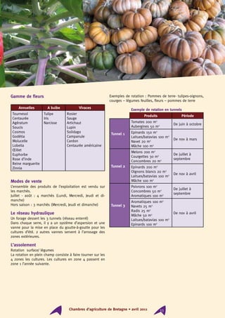 Chambres d’agriculture de Bretagne • avril 2011 33
Gamme de fleurs
Annuelles A bulbe Vivaces
Tournesol
Centaurée
Agératum
Soucis
Cosmos
Godétia
Molucelle
Lobelia
Œillet
Euphorbe
Rose d’inde
Reine marguerite
Zinnia
Tulipe
Iris
Narcisse
Rosier
Sauge
Artichaut
Lupin
Solidago
Campanule
Cardon
Centaurée américaine
		
Modes de vente
L’ensemble des produits de l’exploitation est vendu sur
les marchés.
Juillet - août : 4 marchés (Lundi, Mercredi, Jeudi et di-
manche)
Hors saison : 3 marchés (Mercredi, Jeudi et dimanche)
Le réseau hydraulique
Un forage dessert les 3 tunnels (réseau enterré)
Dans chaque serre, il y a un système d’aspersion et une
vanne pour la mise en place du goutte-à-goutte pour les
cultures d’été. 2 autres vannes servent à l’arrosage des
zones extérieures.
L’assolement
Rotation surface/ légumes
La rotation en plein champ consiste à faire tourner sur les
4 zones les cultures. Les cultures en zone 4 passent en
zone 1 l’année suivante.
Exemples de rotation : Pommes de terre- tulipes-oignons,
courges – légumes feuilles, fleurs – pommes de terre
Exemple de rotation en tunnels
Produits Période
Tunnel 1
Tomates 200 m2
Aubergines 50 m2 De juin à octobre
Epinards 150 m2
Laitues/batavias 100 m2
Navet 20 m2
Mâche 100 m2
De nov à mars
Tunnel 2
Melons 200 m2
Courgettes 30 m2
Concombres 20 m2
De juillet à
septembre
Epinards 200 m2
Oignons blancs 20 m2
Laitues/batavias 100 m2
Mâche 100 m2
De nov à avril
Tunnel 3
Poivrons 100 m2
Concombres 50 m2
Aromatiques 100 m2
De juillet à
septembre
Aromatiques 100 m2
Navets 25 m2
Radis 25 m2
Mâche 50 m2
Laitues/batavias 100 m2
Epinards 100 m2
De nov à avril
 