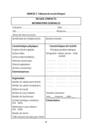 ANNEXE 2: Tableaux de recueil d'impact

                                      RECUEIL D'IMPACTS
                                INFORMATIONS GENERALES
Entreprise:.................................................................Date:..........……………..
Site:.........................................................................Rédacteur:........................
Année de mise en service:
Identification de l’établissement :                    Branche d’activité :


Caractéristiques physiques                                Caractéristiques de l’activité
Emprise foncière globale:                                  Principaux produits fabriqués
Surface bâtie:                                         Désignation Volume annuel Unité
Surface imperméabilisée:                                            produit
Début de construction:                                 .......…........ ……………. ………….
Début d’exploitation:                                  .................. ..........….… …………….
Dernière construction:                                 ................. ……………. …………….
Extension prévue:                                      .............. … …………… …………….


Organisation                                           ..............   ...........……. …………….
Nombre de salariés perm anents:                        ..............   .............…… …………….
Nombre de salariés temporaires:                        ..............   .............…… …………….
Rythme de travail:
Nombre de sous-traitants:                              Variation saisonnière
Nombre de fournisseurs:                                forte ___ moyenne __ faible ___
Gestion technique centralisée:                         Commentaires
OUI NON
Maintenance sous-traitance:
OUI NON
Nombre de clients
Taille moyenne des plus gros clients

                                                      38
 
