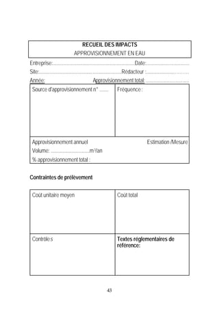 RECUEIL DES IMPACTS
                               APPROVISIONNEMENT EN EAU
Entreprise:...............................................................Date:.................................
Site:...............................................................Rédacteur :......................………
Année:                                        Approvisionnement total: .................................
 Source d'approvisionnement n° .......                       Fréquence :




 Approvisionnement annuel                                                         Estimation /Mesure
 Volume: ..............................m 3/an
 % approvisionnement total :


Contraintes de prélèvement


 Coût unitaire moyen                                         Coût total




 Contrôles                                                   Textes réglementaires de
                                                             référence:




                                                      43
 