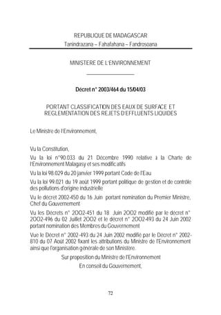 REPUBLIQUE DE MADAGASCAR
                Tanindrazana – Fahafahana – Fandrosoana


                  MINISTERE DE L’ENVIRONNEMENT
                          __________________

                     Décret n° 2003/464 du 15/04/03

       PORTANT CLASSIFICATION DES EAUX DE SURFACE ET
      REGLEMENTATION DES REJETS D’EFFLUENTS LIQUIDES


Le Ministre de l’Environnement,


Vu la Constitution,
Vu la loi n°90.033 du 21 Décembre 1990 relative à la Charte de
l’Environnement Malagasy et ses modific atifs
Vu la loi 98.029 du 20 janvier 1999 portant Code de l'Eau
Vu la loi 99.021 du 19 août 1999 portant politique de gestion et de contrôle
des pollutions d'origine industrielle
Vu le décret 2002-450 du 16 Juin portant nomination du Premier Ministre,
Chef du Gouvernement
Vu les Décrets n° 2OO2-451 du 18 Juin 2OO2 modifié par le décret n°
2OO2-496 du 02 Juillet 2OO2 et le décret n° 2OO2-493 du 24 Juin 2002
portant nomination des Membres du Gouvernement
Vue le Décret n° 2002-493 du 24 Juin 2002 modifié par le Décret n° 2002-
810 du 07 Août 2002 fixant les attributions du Ministre de l'Environnement
ainsi que l'organisation générale de son Ministère.
              Sur proposition du Ministre de l'Environnement
                      En conseil du Gouvernement,



                                    72
 