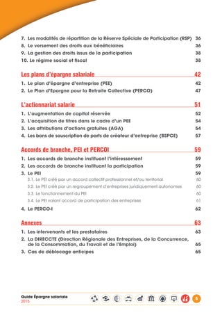 Guide Épargne salariale
2015
5
7.	 Les modalités de répartition de la Réserve Spéciale de Participation (RSP) 36
8.	 Le versement des droits aux bénéficiaires 36
9.	 La gestion des droits issus de la participation 38
10.	Le régime social et fiscal 38
Les plans d’épargne salariale 42
1.	 Le plan d’épargne d’entreprise (PEE) 42
2.	 Le Plan d’Epargne pour la Retraite Collective (PERCO) 47
L’actionnariat salarie 51
1.	 L’augmentation de capital réservée 52
2.	 L’acquisition de titres dans le cadre d’un PEE 54
3.	 Les attributions d’actions gratuites (AGA) 54
4.	 Les bons de souscription de parts de créateur d’entreprise (BSPCE) 57
Accords de branche, PEI et PERCOI 59
1.	 Les accords de branche instituant l’intéressement 59
2.	 Les accords de branche instituant la participation 59
3.	 Le PEI 59
3.1.	Le PEI créé par un accord collectif professionnel et/ou territorial 60
3.2.	Le PEI créé par un regroupement d’entreprises juridiquement autonomes 60
3.3.	Le fonctionnement du PEI 60
3.4.	Le PEI valant accord de participation des entreprises  61
4.	 Le PERCO-I 62
Annexes63
1.	 Les intervenants et les prestataires 63
2.	 La DIRECCTE (Direction Régionale des Entreprises, de la Concurrence, 	
de la Consommation, du Travail et de l’Emploi) 65
3.	 Cas de déblocage anticipes 65
 