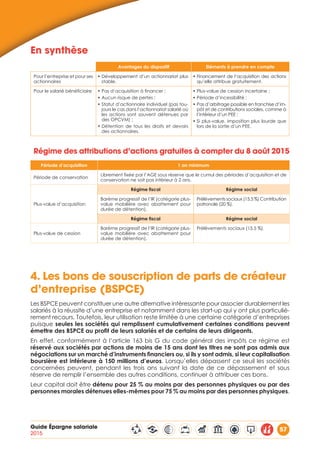 Guide Épargne salariale
2015
57
En synthèse
Avantages du dispositif Eléments à prendre en compte
Pour l’entreprise et pour ses
actionnaires
• Développement d’un actionnariat plus
stable.
• Financement de l’acquisition des actions
qu’elle attribue gratuitement.
Pour le salarié bénéficiaire • Pas d’acquisition à financer ;
• Aucun risque de pertes ;
• Statut d’actionnaire individuel (pas tou-
jours le cas dans l’actionnariat salarié où
les actions sont souvent détenues par
des OPCVM) ;
• Détention de tous les droits et devoirs
des actionnaires.
• Plus-value de cession incertaine ;
• Période d’incessibilité ;
• Pas d’arbitrage possible en franchise d’im-
pôt et de contributions sociales, comme à
l’intérieur d’un PEE ;
• Si plus-value, imposition plus lourde que
lors de la sortie d’un PEE.
Régime des attributions d’actions gratuites à compter du 8 août 2015
Période d’acquisition 1 an minimum
Période de conservation
Librement fixée par l’AGE sous réserve que le cumul des périodes d’acquisition et de
conservation ne soit pas inférieur à 2 ans.
Plus-value d’acquisition
Régime fiscal Régime social
Barème progressif de l’IR (catégorie plus-
value mobilière avec abattement pour
durée de détention).
Prélèvements sociaux (15,5 %) Contribution
patronale (20 %).
Régime fiscal Régime social
Plus-value de cession
Barème progressif de l’IR (catégorie plus-
value mobilière avec abattement pour
durée de détention).
Prélèvements sociaux (15,5 %).
4.	Les bons de souscription de parts de créateur
d’entreprise (BSPCE)
Les BSPCE peuvent constituer une autre alternative intéressante pour associer durablement les
salariés à la réussite d’une entreprise et notamment dans les start-up qui y ont plus particuliè-
rement recours. Toutefois, leur utilisation reste limitée à une certaine catégorie d’entreprises
puisque seules les sociétés qui remplissent cumulativement certaines conditions peuvent
émettre des BSPCE au profit de leurs salariés et de certains de leurs dirigeants.
En effet, conformément à l’article 163 bis G du code général des impôts ce régime est
réservé aux sociétés par actions de moins de 15 ans dont les titres ne sont pas admis aux
négociations sur un marché d’instruments financiers ou, si ils y sont admis, si leur capitalisation
boursière est inférieure à 150 millions d’euros. Lorsqu’elles dépassent ce seuil les sociétés
concernées peuvent, pendant les trois ans suivant la date de ce dépassement et sous
réserve de remplir l’ensemble des autres conditions, continuer à attribuer ces bons.
Leur capital doit être détenu pour 25 % au moins par des personnes physiques ou par des
personnes morales détenues elles-mêmes pour 75 % au moins par des personnes physiques.
 