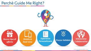 Mobile &
Real-time
Nuovo tipo di
oﬀerta
Prezzo Validato
Luca Sini | CEO & Co-founder www.guidemeright.com
Perchè Guide Me Right?
Interazione
Collaborativa
Esperienze
Personalizzate
 