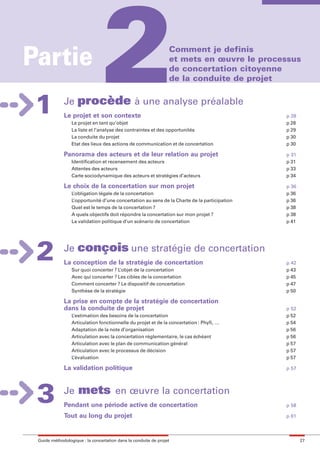 maquette guide GL exØ.qxd     19/10/2006     11:38    Page 27




        Partie
             1            Je
                                             2
                                 procède à une analyse préalable
                          Le projet et son contexte
                              Le projet en tant qu’objet
                                                                              Comment je definis
                                                                              et mets en œuvre le processus
                                                                              de concertation citoyenne
                                                                              de la conduite de projet




                              La liste et l’analyse des contraintes et des opportunités
                                                                                                          p 28
                                                                                                          p 28
                                                                                                          p 29
                              La conduite du projet                                                       p 30
                              Etat des lieux des actions de communication et de concertation              p 30

                          Panorama des acteurs et de leur relation au projet                              p 31
                              Identification et recensement des acteurs                                   p 31
                              Attentes des acteurs                                                        p 33
                              Carte sociodynamique des acteurs et stratégies d’acteurs                    p 34

                          Le choix de la concertation sur mon projet                                      p 36
                              L’obligation légale de la concertation                                      p 36
                              L’opportunité d’une concertation au sens de la Charte de la participation   p 36
                              Quel est le temps de la concertation ?                                      p 38
                              A quels objectifs doit répondre la concertation sur mon projet ?            p 38
                              La validation politique d’un scénario de concertation                       p 41




             2            Je     conçois une stratégie de concertation
                          La conception de la stratégie de concertation
                              Sur quoi concerter ? L’objet de la concertation
                                                                                                          p 42
                                                                                                          p 43
                              Avec qui concerter ? Les cibles de la concertation                          p 45
                              Comment concerter ? Le dispositif de concertation                           p 47
                              Synthèse de la stratégie                                                    p 50

                          La prise en compte de la stratégie de concertation
                          dans la conduite de projet                                                      p 52
                              L’estimation des besoins de la concertation                                 p 52
                              Articulation fonctionnelle du projet et de la concertation : Phyfi, …       p 54
                              Adaptation de la note d’organisation                                        p 56
                              Articulation avec la concertation réglementaire, le cas échéant             p 56
                              Articulation avec le plan de communication général                          p 57
                              Articulation avec le processus de décision                                  p 57
                              L’évaluation                                                                p 57

                          La validation politique                                                         p 57




             3            Je     mets                en œuvre la concertation
                          Pendant une période active de concertation                                      p 58

                          Tout au long du projet                                                          p 61



              Guide méthodologique : la concertation dans la conduite de projet                                  27
 