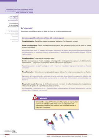 maquette guide GL exØ.qxd     19/10/2006     11:38     Page 44




       Comment je definis et mets en œuvre
     le processus de concertation citoyenne
                    de la conduite de projet
                       2.
          Je conçois
            une stratégie
          de concertation

           La conception
           de la stratégie
          de concertation
                             Le “négociable”
      La prise en compte
           de la stratégie   Le contenu sera différent selon la phase du cycle de vie du projet concernée.
     de concertation dans
              la conduite
                 de projet
                              Les contenus possibles en fonction de l’étape de la conduite de projet
             La validation
                 politique    Phase Initialisation : Recueil des usages des espaces, réalisation d’un diagnostic partagé.

                              Phase Programmation : Travail sur l’élaboration du cahier des charges du projet pour le choix du maître
                              d’œuvre concepteur.

                              Rappelons que le choix du maître d’œuvre pour des raisons de respect des procédures réglementaires de
                              marchés publics ne peut être ouvert à la concertation. Il appartient à la Commission d’Appel d’Offres
                              réglementaire.

                              Phase Conception :Travail avec le concepteur pour :
                              Enrichir les esquisses et l’avant-projet sur certains points : aménagements paysagers, mobilier urbain,
                              déplacements, … en prenant en compte les attentes et les besoins des citoyens

                              Rappelons que dans ce cas, il faudra avoir veillé à inscrire ce travail dans le programme relatif au choix du
                              concepteur.

                              Phase Réalisation : Recherche commune de solutions pour atténuer les nuisances conséquentes au chantier.

                              L’activation de la concertation à ce sujet peut démarrer avant cette phase, de préférence avant la rédaction des
                              dossiers de consultation d'entreprises pour une prise en compte des éléments de la concertation par ces
                              dernières.

                              Phase Achèvement : Repérage de dysfonctionnements éventuels et recherche de solutions/adaptations,
                              réflexion sur la gestion de proximité, évaluation concertée…
                              La réflexion sur l'exploitation et sur l'évaluation étant initiée en amont du projet, la concertation avec les
                              citoyens devra l'être aussi à ce moment.




                                                            Attention !

                                                     Si l’on s’est fixé un objectif d’enrichissement du projet ou de co-production,
                                                     il convient de veiller à ce que le champ ouvert à la “négociation” soit
                                                     suffisamment conséquent pour justifier sa mise en œuvre au sens de la
                                                     Charte de la Participation.




     44                                                                  Guide méthodologique : la concertation dans la conduite de projet
 