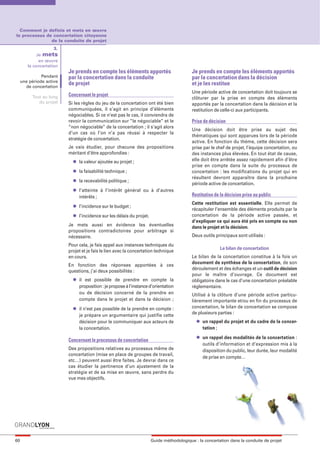 maquette guide GL exØ.qxd       19/10/2006       11:39     Page 60




       Comment je definis et mets en œuvre
     le processus de concertation citoyenne
                    de la conduite de projet
                          3.
                  Je mets
                   en œuvre
             la concertation
                               Je prends en compte les éléments apportés                         Je prends en compte les éléments apportés
                    Pendant    par la concertation dans la conduite                              par la concertation dans la décision
          une période active
            de concertation
                               de projet                                                         et je les restitue
                                                                                                 Une période active de concertation doit toujours se
               Tout au long    Concernant le projet
                                                                                                 clôturer par la prise en compte des éléments
                  du projet    Si les règles du jeu de la concertation ont été bien              apportés par la concertation dans la décision et la
                               communiquées, il s’agit en principe d’éléments                    restitution de celle-ci aux participants.
                               négociables. Si ce n’est pas le cas, il conviendra de
                               revoir la communication sur “le négociable” et le                 Prise de décision
                               “non négociable” de la concertation ; il s’agit alors
                                                                                                 Une décision doit être prise au sujet des
                               d’un cas où l’on n’a pas réussi à respecter la
                                                                                                 thématiques qui sont apparues lors de la période
                               stratégie de concertation.
                                                                                                 active. En fonction du thème, cette décision sera
                               Je vais étudier, pour chacune des propositions                    prise par le chef de projet, l’équipe concertation, ou
                               méritant d’être approfondies :                                    des instances plus élevées. En tout état de cause,
                                 l   la valeur ajoutée au projet ;                               elle doit être arrêtée assez rapidement afin d’être
                                                                                                 prise en compte dans la suite du processus de
                                 l   la faisabilité technique ;                                  concertation : les modifications du projet qui en
                                 l
                                                                                                 résultent devront apparaître dans la prochaine
                                     la recevabilité politique ;
                                                                                                 période active de concertation.
                                 l   l’atteinte à l’intérêt général ou à d’autres
                                     intérêts ;                                                  Restitution de la décision prise au public
                                 l
                                                                                                 Cette restitution est essentielle. Elle permet de
                                     l’incidence sur le budget ;
                                                                                                 récapituler l’ensemble des éléments produits par la
                                 l   l’incidence sur les délais du projet.                       concertation de la période active passée, et
                                                                                                 d’expliquer ce qui aura été pris en compte ou non
                               Je mets aussi en évidence les éventuelles                         dans le projet et la décision.
                               propositions contradictoires pour arbitrage si
                               nécessaire.                                                       Deux outils principaux sont utilisés :
                               Pour cela, je fais appel aux instances techniques du
                                                                                                               Le bilan de concertation
                               projet et je fais le lien avec la concertation technique
                               en cours.                                                         Le bilan de la concertation constitue à la fois un
                                                                                                 document de synthèse de la concertation, de son
                               En fonction des réponses apportées à ces
                                                                                                 déroulement et des échanges et un outil de décision
                               questions, j’ai deux possibilités :
                                                                                                 pour le maître d’ouvrage. Ce document est
                                 l   il est possible de prendre en compte la                     obligatoire dans le cas d’une concertation préalable
                                     proposition : je propose à l’instance d’orientation         réglementaire.
                                     ou de décision concerné de la prendre en                    Utilisé à la clôture d’une période active particu-
                                     compte dans le projet et dans la décision ;                 lièrement importante et/ou en fin du processus de
                                 l   il n’est pas possible de la prendre en compte :             concertation, le bilan de concertation se compose
                                                                                                 de plusieurs parties :
                                     je prépare un argumentaire qui justifie cette
                                     décision pour le communiquer aux acteurs de                   l   un rappel du projet et du cadre de la concer-
                                     la concertation.                                                  tation ;
                                                                                                   l   un rappel des modalités de la concertation :
                               Concernant le processus de concertation
                                                                                                       outils d’information et d’expression mis à la
                               Des propositions relatives au processus même de                         disposition du public, leur durée, leur modalité
                               concertation (mise en place de groupes de travail,
                                                                                                       de prise en compte…
                               etc…) peuvent aussi être faites. Je devrai dans ce
                               cas étudier la pertinence d’un ajustement de la
                               stratégie et de sa mise en œuvre, sans perdre du
                               vue mes objectifs.




     60                                                                      Guide méthodologique : la concertation dans la conduite de projet
 