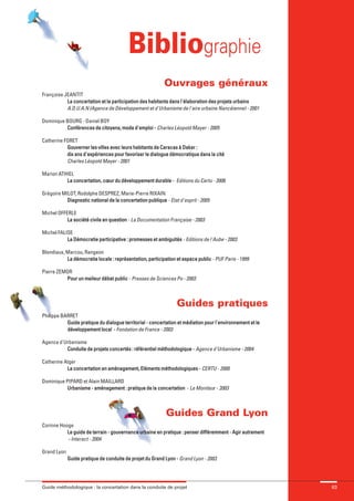 maquette guide GL exØ.qxd       19/10/2006      11:39    Page 63




                                                        Bibliographie
                                                                         Ouvrages généraux
              Françoise JEANTIT
                         La concertation et la participation des habitants dans l'élaboration des projets urbains
                         A.D.U.A.N (Agence de Développement et d'Urbanisme de l'aire urbaine Nancéienne) - 2001

              Dominique BOURG - Daniel BOY
                        Conférences de citoyens, mode d'emploi - Charles Léopold Mayer - 2005

              Catherine FORET
                         Gouverner les villes avec leurs habitants de Caracas à Dakar :
                         dix ans d'expériences pour favoriser le dialogue démocratique dans la cité
                         Charles Léopold Mayer - 2001

              Marion ATHIEL
                        La concertation, cœur du développement durable - Editions du Certu - 2006

              Grégoire MILOT, Rodolphe DESPREZ, Marie-Pierre RIXAIN
                         Diagnostic national de la concertation publique - Etat d'esprit - 2005

              Michel OFFERLE
                         La société civile en question - La Documentation Française - 2003

              Michel FALISE
                         La Démocratie participative : promesses et ambiguités - Editions de l'Aube - 2003

              Blondiaux, Marcou, Rangeon
                         La démocratie locale : représentation, participation et espace public - PUF Paris - 1999

              Pierre ZEMOR
                        Pour un meileur débat public - Presses de Sciences Po - 2003



                                                                               Guides pratiques
              Philippe BARRET
                         Guide pratique du dialogue territorial - concertation et médiation pour l'environnement et le
                         développement local - Fondation de France - 2003

              Agence d'Urbanisme
                        Conduite de projets concertés : référentiel méthodologique - Agence d'Urbanisme - 2004

              Catherine Atger
                         La concertation en aménagement, Eléments méthodologiques - CERTU - 2000

              Dominique PIPARD et Alain MAILLARD
                         Urbanisme - aménagement : pratique de la concertation - Le Moniteur - 2003



                                                                         Guides Grand Lyon
              Corinne Hooge
                         Le guide de terrain - gouvernance urbaine en pratique : penser différemment - Agir autrement
                         - Interact - 2004

              Grand Lyon
                           Guide pratique de conduite de projet du Grand Lyon - Grand Lyon - 2003




              Guide méthodologique : la concertation dans la conduite de projet                                          63
 