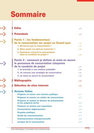maquette guide GL exØ.qxd     19/10/2006     11:38    Page 7




             Sommaire
                   Edito                                                           p3



                   Préambule                                                       p5



                   Partie 1 : les fondamentaux
                   de la concertation sur projet au Grand Lyon                     p9
                        1. Qu’est-ce que la concertation ?                        p 10

                        2. Dans quels cas doit-on concerter ?                     p 16

                        3. Comment s’inscrit la concertation
                           dans la conduite de projet ?                           p 20



                   Partie 2 : comment je definis et mets en œuvre
                   le processus de concertation citoyenne
                   de la conduite de projet                                       p 27
                        1. Je procède à une analyse préalable                     p 28

                        2. Je conçois une stratégie de concertation               p 42

                        3. Je mets en œuvre la concertation                       p 58


                   Bibliographie                                                  p 63


                   Sélection de sites internet                                    p 64



                   Annexe fiches
                        Préparer et mener une réunion publique                    n° 1

                        Préparer et animer un atelier de concertation             n° 2

                        Préparer et utiliser le dossier de présentation
                        et les supports écrits                                    n° 3

                        Préparer et animer une exposition                         n° 4

                        Concertation réglementaire                                n° 5

                        Enquête publique                                          n° 6

                        Outils de communication                                   n° 7

                        Communication interpersonnelle                            n° 8

                        Lexique de la concertation                                n° 9




              Guide méthodologique : la concertation dans la conduite de projet          7
 