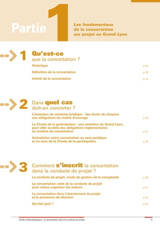 maquette guide GL exØ.qxd     19/10/2006     11:38    Page 9




        Partie

              1           Qu’est-ce
                                     1
                          que la concertation ?
                          Historique
                                                                    Les fondamentaux
                                                                    de la concertation
                                                                    sur projet au Grand Lyon




                                                                                               p 10

                          Définition de la concertation                                        p 10

                          Intérêt de la concertation                                           p 13




              2           Dans quel cas
                          doit-on concerter ?
                          L’évolution du contexte juridique : des droits du citoyens
                          aux obligations du maître d’ouvrage                                  p 16

                          La Charte de la participation : une ambition du Grand Lyon,
                          pour aller au-delà des obligations réglementaires
                          en matière de concertation                                           p 17

                          Articulation entre concertation au sens juridique
                          et au sens de la Charte de la participation                          p 19




              3           Comment s’inscrit la concertation
                          dans la conduite de projet ?
                          La conduite de projet, mode de gestion de la complexité              p 20

                          La concertation volet de la conduite de projet
                          pour mieux organiser les acteurs                                     p 21

                          La concertation dans l’avancement du projet
                          et le processus de décision                                          p 22

                          Qui fait quoi ?                                                      p 24




              Guide méthodologique : la concertation dans la conduite de projet                       9
 