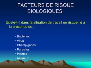 FACTEURS DE RISQUE
BIOLOGIQUES
Existe-t-il dans la situation de travail un risque lié à
la présence de :
• Bactéries
• Virus
• Champignons
• Parasites
• Plantes
• Animaux
 