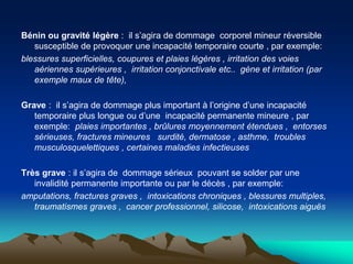 Bénin ou gravité légère : il s’agira de dommage corporel mineur réversible
susceptible de provoquer une incapacité temporaire courte , par exemple:
blessures superficielles, coupures et plaies légères , irritation des voies
aériennes supérieures , irritation conjonctivale etc.. gène et irritation (par
exemple maux de tête),
Grave : il s’agira de dommage plus important à l’origine d’une incapacité
temporaire plus longue ou d’une incapacité permanente mineure , par
exemple: plaies importantes , brûlures moyennement étendues , entorses
sérieuses, fractures mineures surdité, dermatose , asthme, troubles
musculosquelettiques , certaines maladies infectieuses
Très grave : il s’agira de dommage sérieux pouvant se solder par une
invalidité permanente importante ou par le décès , par exemple:
amputations, fractures graves , intoxications chroniques , blessures multiples,
traumatismes graves , cancer professionnel, silicose, intoxications aiguës
 