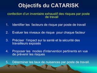 Objectifs du CATARISK
confection d’un inventaire exhaustif des risques par poste
de travail
1. Identifier les facteurs de risque par poste de travail
2. Evaluer les niveaux de risque pour chaque facteur
3. Préciser l’impact sur la santé et la sécurité des
travailleurs exposés
4. Proposer les modes d'intervention pertinents en vue
de prévenir les risques
5. Déterminer les taux de nuisances par poste de travail.
 