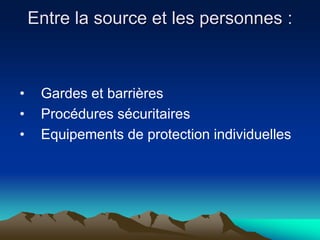 Entre la source et les personnes :
• Gardes et barrières
• Procédures sécuritaires
• Equipements de protection individuelles
 