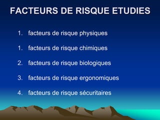FACTEURS DE RISQUE ETUDIES
1. facteurs de risque physiques
1. facteurs de risque chimiques
2. facteurs de risque biologiques
3. facteurs de risque ergonomiques
4. facteurs de risque sécuritaires
 
