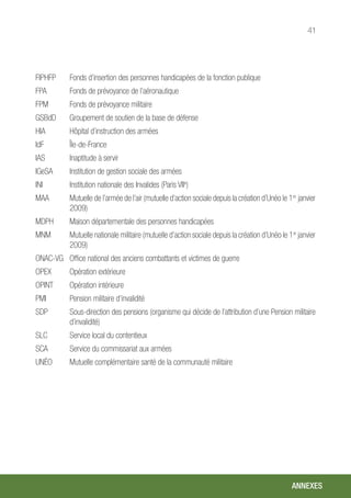 41
FIPHFP	 Fonds d’insertion des personnes handicapées de la fonction publique
FPA	 Fonds de prévoyance de l’aéronautique
FPM	 Fonds de prévoyance militaire
GSBdD	 Groupement de soutien de la base de défense
HIA	 Hôpital d’instruction des armées
IdF	 Île-de-France
IAS	 Inaptitude à servir
IGeSA	 Institution de gestion sociale des armées
INI 	 Institution nationale des Invalides (Paris VIIe
)
MAA	 Mutuelle de l’armée de l’air (mutuelle d’action sociale depuis la création d’Unéo le 1er
 janvier
2009)
MDPH 	 Maison départementale des personnes handicapées
MNM 	 Mutuelle nationale militaire (mutuelle d’action sociale depuis la création d’Unéo le 1er
janvier
2009)
ONAC-VG	 Office national des anciens combattants et victimes de guerre
OPEX	 Opération extérieure
OPINT	 Opération intérieure
PMI	 Pension militaire d’invalidité
SDP	 Sous-direction des pensions (organisme qui décide de l’attribution d’une Pension militaire
d’invalidité)
SLC	 Service local du contentieux
SCA	 Service du commissariat aux armées
UNÉO	 Mutuelle complémentaire santé de la communauté militaire
ANNEXES
 