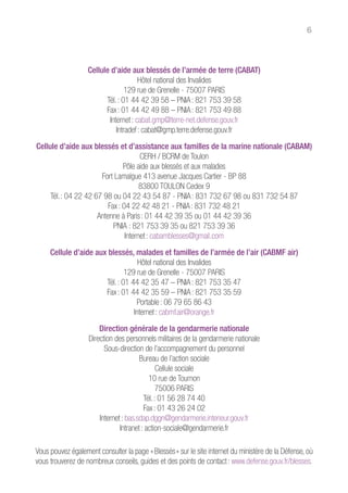 6
Cellule d’aide aux blessés de l’armée de terre (CABAT)
Hôtel national des Invalides
129 rue de Grenelle - 75007 PARIS
Tél. : 01 44 42 39 58 – PNIA : 821 753 39 58
Fax : 01 44 42 49 88 – PNIA : 821 753 49 88
Internet : cabat.gmp@terre-net.defense.gouv.fr
Intradef : cabat@gmp.terre.defense.gouv.fr
Cellule d’aide aux blessés et d’assistance aux familles de la marine nationale (CABAM)
CERH / BCRM de Toulon
Pôle aide aux blessés et aux malades
Fort Lamalgue 413 avenue Jacques Cartier - BP 88
83800 TOULON Cedex 9
Tél. : 04 22 42 67 98 ou 04 22 43 54 87 - PNIA : 831 732 67 98 ou 831 732 54 87
Fax : 04 22 42 48 21 - PNIA : 831 732 48 21
Antenne à Paris : 01 44 42 39 35 ou 01 44 42 39 36
PNIA : 821 753 39 35 ou 821 753 39 36
Internet : cabamblesses@gmail.com
Cellule d’aide aux blessés, malades et familles de l’armée de l’air (CABMF air)
Hôtel national des Invalides
129 rue de Grenelle - 75007 PARIS
Tél. : 01 44 42 35 47 – PNIA : 821 753 35 47
Fax : 01 44 42 35 59 – PNIA : 821 753 35 59
Portable : 06 79 65 86 43
Internet : cabmf.air@orange.fr
Direction générale de la gendarmerie nationale
Direction des personnels militaires de la gendarmerie nationale
Sous-direction de l’accompagnement du personnel
Bureau de l’action sociale
Cellule sociale
10 rue de Tournon
75006 PARIS
Tél. : 01 56 28 74 40
Fax : 01 43 26 24 02
Internet : bas.sdap.dggn@gendarmerie.interieur.gouv.fr
Intranet : action-sociale@gendarmerie.fr
Vous pouvez également consulter la page « Blessés » sur le site internet du ministère de la Défense, où
vous trouverez de nombreux conseils, guides et des points de contact : www.defense.gouv.fr/blesses.
 