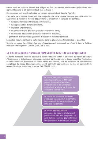 8
mesure dont les résultats peuvent être intégrés au SIG. Les mesures d’éclairement géolocalisées sont
représentées dans le SIG comme indiqué dans la Figure 1.
Des moyennes sont ensuite calculées par tronçon, comme indiqué dans la Figure 2.
C’est cette carte lumière terrain qui sera comparée à la carte lumière théorique pour déterminer les
ajustements à réaliser en matière d’éclairement. Le croisement et l’analyse des données :
• Du recensement (caractéristiques patrimoniales),
• Du diagnostic (état de fonctionnement),
• De gestion (maintenance),
• Des caractéristiques des voies (valeurs d’éclairement cible),
• Des mesures d’éclairement (valeurs d’éclairement mesurées),
permettent de traduire les ajustement à réaliser en mesures techniques.
Lesquelles mesures sont par la suite inscrites dans un plan d’action hiérarchisées et planifiées.
Sa mise en œuvre fera l’objet d’un plan d’investissement pluriannuel qui s’inscrit dans le Schéma
Directeur d’Aménagement Lumière (SDAL) de la ville.
Le SIG et la Norme Marocaine PNM CEN/TR 13201 de l’éclairage public
La norme marocaine 13201 se base sur la notion «d’éclairer juste» et se décline au travers de valeurs
d’éclairements et de luminances minimales à maintenir par type de voie. Le double objectif de l’application
de cette norme est d’améliorer le service rendu aux citoyens, tout en optimisant la consommation
énergétique du réseau d’éclairage public. Le SIG est l’outil approprié pour la mise en conformité du
réseau d’éclairage public avec la norme PNM CEN/TR 13201 :
La couche des voies, caractérisées
selon les critères de la NM 13201
permet de connaître les valeurs
d’éclairements et de luminances
minimales à atteindre par tronçon de
voie (carte lumière cible).
La couche du patrimoine du réseau
d’éclairage public permet de connaître
l’emplacement, les caractéristiques et
l’état des équipements.
La couche des résultats des
campagnes de mesures d’éclairement
géolocalisées peut être comparée à la
carte lumière théorique pour déterminer
les ajustements à réaliser par tronçon.
 