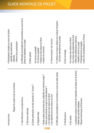 108 
Introduction 
Rappel du projet et de son contexte 
1/ Identification et préparation 
1) Structure nationale 
2) Quels partenaires ont été associés ici ? là-bas ? 
3) Objectifs fixés 
• Quels projets personnels et/ou collectifs ont motivé le projet ? 
• Dans quel contexte le projet a-t-il été élaboré ? 
• Les objectifs pour les acteurs du Nord 
• Les objectifs pour les acteurs du Sud 
4) Difficultés éventuellement rencontrées au cours de cette phase 
2/ Réalisations 
1) Sur place 
• Localisation précise et durée de l’opération (et dates sur le terrain) 
• Détail des activités réalisées 
• Moyens techniques et financiers 
• Participations locales au cours de l’action 
- Identité des partenaires 
- Effectifs 
- Nature de la participation 
2) Difficultés éventuellement rencontrées au cours de la 
phase de réalisation du projet 
3) Bilan global 
• En terme quantitatif 
• En terme qualitatif 
• Impact sur les acteurs du Nord 
• Impact sur le terrain 
3/ Pérennisation de l’action 
1) Critères et moyens utilisés pour évaluer l’évolution 
et le bon déroulement du projet 
2) Suivi envisagé 
• Au niveau des acteurs du Nord 
• Au niveau des partenaires du Sud 
• Effets démultiplicateurs attendus 
• Viabilité à terme du projet 
• Prolongements envisagés 
• Action de sensibilisation en France 
GUIDE MONTAGE DE PROJET 
 
