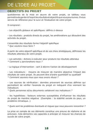 DE L’IDEE AU PROJET 
OBJECTIFS DU PROJET 
quotidiennes de la mise en oeuvre de votre projet, ce tableau vous 
permettra de garder à l’esprit les résultats et objectifs que vous poursuivez. Il vous 
servira de référence pour le suivi et l’évaluation de votre projet. 
Il comprend : 
- Les objectifs globaux et spécifiques: définis ci-dessus 
- Les résultats : produits directs du projet, les améliorations qui découlent des 
activités du projet. 
L’ensemble des résultats forme l’objectif spécifique 
* Que voulons-nous faire ? 
A partir de votre objectif spécifique et de vos choix stratégiques, définissez les 
résultats attendus de votre projet. 
- Les activités : Actions à exécuter pour produire les résultats attendus 
* Comment y parviendrons-nous ? 
- La logique d’intervention : sert à décrire l’action de développement 
- Les indicateurs : moyens de mesurer de manière objective l’impact des 
résultats de votre projet. Ils peuvent être d’ordre quantitatif ou qualitatif 
* Comment saurons-nous que nous avons réussi ? 
- Les sources de vérification : données provenant de sources définies qui 
permettent de vérifier l’avancée du projet en indiquant d’où viennent les 
indicateurs 
* Quels personnes et/ou documents valideront nos indicateurs ? 
- les hypothèses : facteurs externes susceptibles d’influencer les résultats 
du projet de manière négative (Exemples : la stabilité sociale du pays, un 
problème climatique…) 
* Quels sont les problèmes éventuels et risques que nous pouvons rencontrer ? 
La prise en compte de ces éléments constitue une preuve de réalisme et de 
prévision. Cela démontre vos capacités à anticiper et mesurer les chances de 
succès de votre projet. 
18 
 