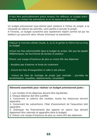 Il faut être particulièrement précis lorsque l’on effectue un budget prévi-sionnel, 
en évitant les estimations et en se basant sur des devis. 
Un budget prévisionnel sous-estimé peut conduire à l’échec du projet, à la 
nécessité de réduire les activités, voire parfois à annuler le projet. 
A l’inverse, un budget surestimé sera rapidement repéré comme tel par les 
bailleurs qui pourront alors refuser d’octroyer la subvention. 
Indiquer la monnaie utilisée (locale, $, ou €) et garder la même tout au long 
du budget 
Inclure les frais administratifs dans le budget du projet, tels que les appels 
téléphoniques, les fournitures de bureau et postaux 
Prévoir une marge d’imprévus de plus ou moins 8% des dépenses 
- Noubliez pas d’estimer le fonds de roulement 
- Inclure les frais d’inauguration si celle-ci est prévue 
- Inclure les frais de montage de projet (par exemple : journées de 
sensibilisation, enquêtes, déplacements, consultant) 
Eléments essentiels pour réaliser un budget prévisionnel juste : 
1. Les recettes et les dépenses doivent être équilibrées 
2. Chaque dépense doit être justifiée 
3. Concernant la colonne des recettes, toutes les ressources doivent 
apparaître 
4. Concernant les subventions, l’état d’avancement de l’acquisition doit 
apparaître 
5. Distinguer les financements des apports en nature (qui doivent 
également être valorisés et apparaître dans le budget) 
6. Prévoir une marge d’imprévus de plus ou moins 8% des dépenses 
55 
 