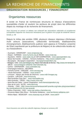 LA RECHERCHE DE FINANCEMENTS 
ORGANISATION RESSOURCES / FINANCEMENT 
Organismes ressources 
Il existe en France de nombreuses structures et réseaux d’associations 
susceptibles d’aider et soutenir les porteurs de projet dans les différentes 
étapes du montage et de recherche de financement. 
Vous trouverez en annexe un tableau non exhaustif des associations nationales et européennes 
susceptibles d’apporter les ressources nécessaires pour la gestion d’un projet de solidarité interna-tionale, 
64 
p. 98 
Depuis le milieu des années 1990, plusieurs réseaux régionaux d’échanges 
multi acteurs (associations, collectivités territoriales, établissements 
d’enseignement, établissements publics) sont apparus à l’initiative conjointe 
de l’Etat (représenté par la préfecture de Région) et de collectivités locales et/ 
ou d’associations. 
- Auvergne : CERAPCOOP : www.cerapcoop.org 
- Alsace : HUMANIS : www.humanis.org et IRCOD : www.ircod.org 
- Aquitaine : RADSI : www.radsi.org et CAP COOPERATION : www.capcooperation.org 
- Basse Normandie : CODASI ; Horizons Solidaires : http://www.codasihn.net/ 
- Bourgogne : Bourgogne cooperation : bourgognecooperation.org 
- Bretagne : CASI : www.casi-bretagne.org, Maison Internationale de Rennes : http://www.mir-rennes.fr/ et 
ABCIS : www.bretagne-solidarite-internationale.org 
- Centre : CENTRAIDER : www.centraider.org 
- Champagne-Ardenne : RECIPROC 
- Franche-Comté : CERCOOP : www.cercoop.org 
- Haute-Normandie : CERASI : www.cerasi.fr 
- Limousin : Maison des Droits de l’Homme : www.mdh-limoges.org 
- Lorraine : LOR-SUD : www.lorsud.org 
- Midi-Pyrénées Coop Dev’: www.mpcoopdev.org 
- Midi-Pyrénées : CROSI : http://www.crosi.org/ 
- Nord-Pas-de-Calais : Lianes Coopération: www.lianescooperation.org 
- Pays de la Loire : ALCID : www.alcid.org 
- Picardie : CASI : http://www.lemouvementassociatif-picardie.org/index.php/presentation/ 
les-coordinations/191-le-casi-picardie 
- Poitou-Charentes : CASI : www.casi-poitou-charentes.org 
- Provence-Alpes Côte d’Azur : Territoires Solidaires : www.territoires-solidaires.com 
- Rhône-Alpes : RESACOOP : www.resacoop.org et CADR : www.cadr.fr 
Vous trouverez une carte des collectifs régionaux français en annexe p.99 
 