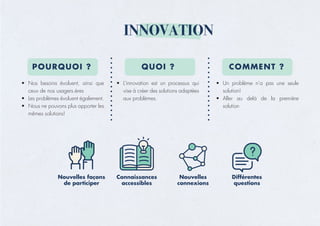 INNOVATION
POURQUOI ? QUOI ? COMMENT ?
• Nos besoins évoluent, ainsi que
ceux de nos usagers.ères
• Les problèmes évoluent également.
• Nous ne pouvons plus apporter les
mêmes solutions!
• L’innovation est un processus qui
vise à créer des solutions adaptées
aux problèmes.
• Un problème n’a pas une seule
solution!
• Aller au delà de la première
solution
 