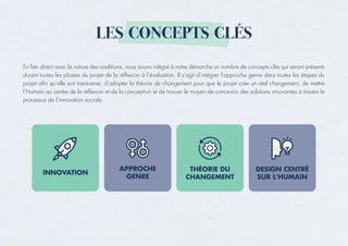 En lien direct avec la nature des coalitions, nous avons intégré à notre démarche un nombre de concepts clés qui seront présents
durant toutes les phases du projet de la réflexion à l’évaluation. Il s’agit d’intégrer l’approche genre dans toutes les étapes du
projet afin qu’elle soit transverse, d’adopter la théorie de changement pour que le projet crée un réel changement, de mettre
l’Humain au centre de la réflexion et de la conception et de trouver le moyen de concevoir des solutions innovantes à travers le
processus de l’innovation sociale.
LES CONCEPTS CLÉS
 