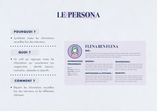 LE PERSONA
POURQUOI ?
QUOI ?
COMMENT ?
•	 Synthétiser toutes les informations
recueillies lors des interviews.
•	 Un outil qui regroupe toutes les
informations qui caractérisent nos
usagers.ères : identité, besoins,
motivation, obstacles et objectifs.
•	 Répartir les informations recueillies
lors des interviews sur les différentes
rubriques.
 
