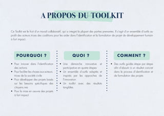 A PROPOS DU TOOLKIT
Ce Toolkit est le fruit d’un travail collaboratif, qui a integré la plupart des parties prenantes. Il s’agit d’un ensemble d’outils au
profit des acteurs.trices des coalitions pour les aider dans l’identification et la formulation de projet de développement humain
à fort impact.
POURQUOI ? QUOI ? COMMENT ?
•	 Pour innover dans l’identification
des actions
•	 Pour faciliter les choses aux acteurs.
trices de la société civile
•	 Pour développer des projets basés
sur les besoins spécifiques des
citoyens.nes
•	 Pour la mise en oeuvre des projets
à fort impact
•	 Une démarche innovative et
participative en quatre étapes
•	 Un ensemble d’outils adaptés et
inspirés par les approches de
l’innovation
•	 Un toolkit avec des résultats
tangibles
•	 Des outils guidés étape par étape
afin d’aboutir à un résultat concret
dans le process d’identification et
de formulation des projets
 