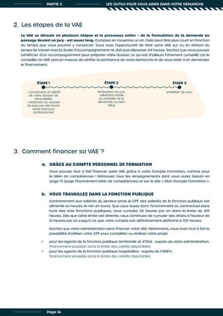PARTIE 2 LES OUTILS POUR VOUS AIDER DANS VOTRE DÉMARCHE
2. Les étapes de la VAE
La VAE se déroule en plusieurs étapes et le processus entier – de la formulation de la demande au
passage devant un jury - est assez long. Comptez en moyenne un an. Cela peut être plus court en fonction
du temps que vous pourrez y consacrer. Vous avez l’opportunité de faire votre VAE sur ou en dehors du
temps de travail mais la durée d’accompagnement ne doit pas dépasser 24 heures. Sachez que vous pouvez
bénéficier d’un accompagnement pour préparer votre dossier, ce qui est d’ailleurs fortement conseillé car le
conseiller en VAE sera en mesure de vérifier la pertinence de votre démarche et de vous aider à en demander
le financement.
ÉTAPE 1
- constitution et dépôt
de votre dossier de
recevabilité
- rédaction du dossier
de preuves décrivant
votre parcours
professionnel
évaluation du jury
validation totale
ou partielle de la
demande ou bien
refus
entretien de suivi
ÉTAPE 2 ÉTAPE 3
3. Comment financer sa VAE ?
a. GRÂCE AU COMPTE PERSONNEL DE FORMATION
Contrairement aux salariés du secteur privé, le CPF des salariés de la fonction publique est
alimenté en heures et non en euros. Que vous soyez donc fonctionnaire ou contractuel dans
l’une des trois fonctions publiques, vous cumulez 24 heures par an dans la limite de 120
heures. Dès que cette limite est atteinte, vous continuez de cumuler des droits à hauteur de
12 heures par an jusqu’à ce que votre compte soit définitivement plafonné à 150 heures.
Sachez que votre administration peut financer votre VAE. Néanmoins, vous avez tout à fait la
possibilité d’utiliser votre CPF pour compléter ou réaliser votre projet.
•	 pour les agents de la fonction publique territoriale et d’Etat : auprès de votre administration
financement possible dans la limite des crédits disponibles
•	 pour les agents de la fonction publique hospitalière : auprès de l’ANFH ;
financement possible dans la limite des crédits disponibles
b. VOUS TRAVAILLEZ DANS LA FONCTION PUBLIQUE
Vous pouvez tout à fait financer votre VAE grâce à votre Compte Formation, comme pour
le bilan de compétences ! Retrouvez tous les renseignements dont vous aurez besoin en
page 13 (page financement bilan de compétences) et sur le site « Mon Compte Formation ».
Page 16
 