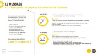 LE MESSAGE
❯ Guide méthodologique du pitch
25
4.5 L’après pitch : se préparer aux questions de l’auditoire
Votre présentation orale conduira
inévitablement à un échange avec
votre interlocuteur qui prendra
la forme d'un questionnement :
• soit pour s'assurer
qu'il a bien compris votre projet,
• soit dans l'objectif d'obtenir
des éclaircissements sur
des sujets passés sous silence,
• soit pour émettre des objections,
• soit pour vous challenger.
Vous devez donc bien
vous y préparer !
ANTICIPER
REBONDIR
Pour répondre efficacement aux questions de votre interlocuteur,
le meilleur moyen reste encore de les anticiper.
Conseil
- Listez les questions épineuses et préparer des réponses brèves et précises.
Cela aura pour avantage de montrer que vous connaissez bien votre projet
et ses points faibles.
C'est une manière de défendre votre projet constructivement.
Vous ne pourrez pas toujours tout envisager !
Conseil
Si votre interlocuteur vous déstabilise avec une question
(Cela peut-être son rôle d'émettre des objections et de vous challenger.)
- Veillez à rester maître de vos émotions.
- Montrez-vous réactif et capable de vous remettre en cause.
- Faites preuve d’humilité : l’objectif n’est pas de tout savoir, mais davantage de
montrer que vous êtes conscient des points à améliorer.
 