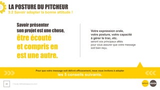 LA POSTURE DU PITCHEUR
❯ Guide méthodologique du pitch
29
5.2 Savoir adopter la bonne attitude !
Savoir présenter
son projet est une chose,
être écouté
et compris en
est une autre.
Votre expression orale,
votre posture, votre capacité
à gérer le trac, etc.
seront vos principaux alliés
pour vous assurer que votre message
soit bien reçu.
Pour que votre message soit délivré efficacement, nous vous invitons à adopter
les 5 conseils suivants.
 