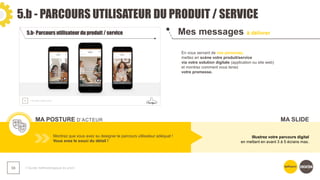 5.b - PARCOURS UTILISATEUR DU PRODUIT / SERVICE
❯ Guide méthodologique du pitch
58
Mes messages à délivrer
MA POSTURE D’ACTEUR
En vous servant de vos personas,
mettez en scène votre produit/service
via votre solution digitale (application ou site web)
et montrez comment vous tenez
votre promesse.
Montrez que vous avez su designer le parcours utilisateur adéquat !
Vous avez le souci du détail !
Illustrez votre parcours digital
en mettant en avant 3 à 5 écrans max.
MA SLIDE
 