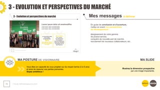3 - EVOLUTION ET PERSPECTIVES DU MARCHÉ
❯ Guide méthodologique du pitch
73
Mes messages à délivrer
MA POSTURE DE VISIONNAIRE
En guise de conclusion et d’ouverture,
mettez en avant vos perspectives
de développement :
élargissement de votre gamme
de produit service,
conquérir de nouvelle part de marché,
recrutement de nouveaux collaborateurs, etc.
Vous êtes en capacité de vous projeter sur du moyen terme (3 à 5 ans)
et ainsi de rassurer vos parties prenantes.
Soyez ambitieux !
Illustrez la dimension prospective
par une image impactante.
MA SLIDE
 